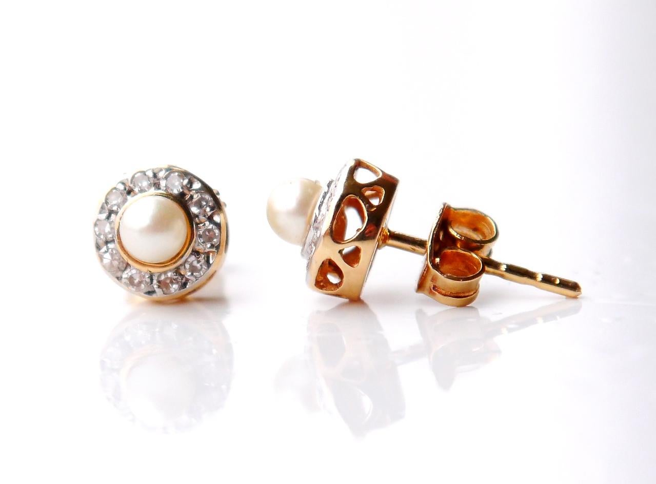 Vintage-Ohrringe 0,2ctw Diamanten Perlen massive 18K Gold /1,5 gr (Art déco) im Angebot