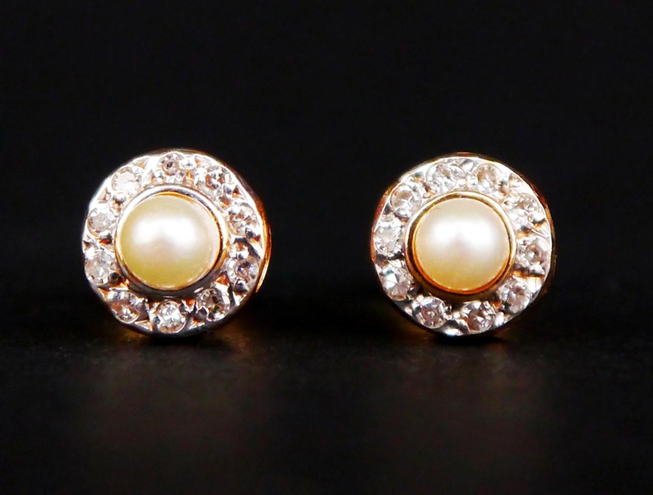 Vintage-Ohrringe 0,2ctw Diamanten Perlen massive 18K Gold /1,5 gr Damen im Angebot