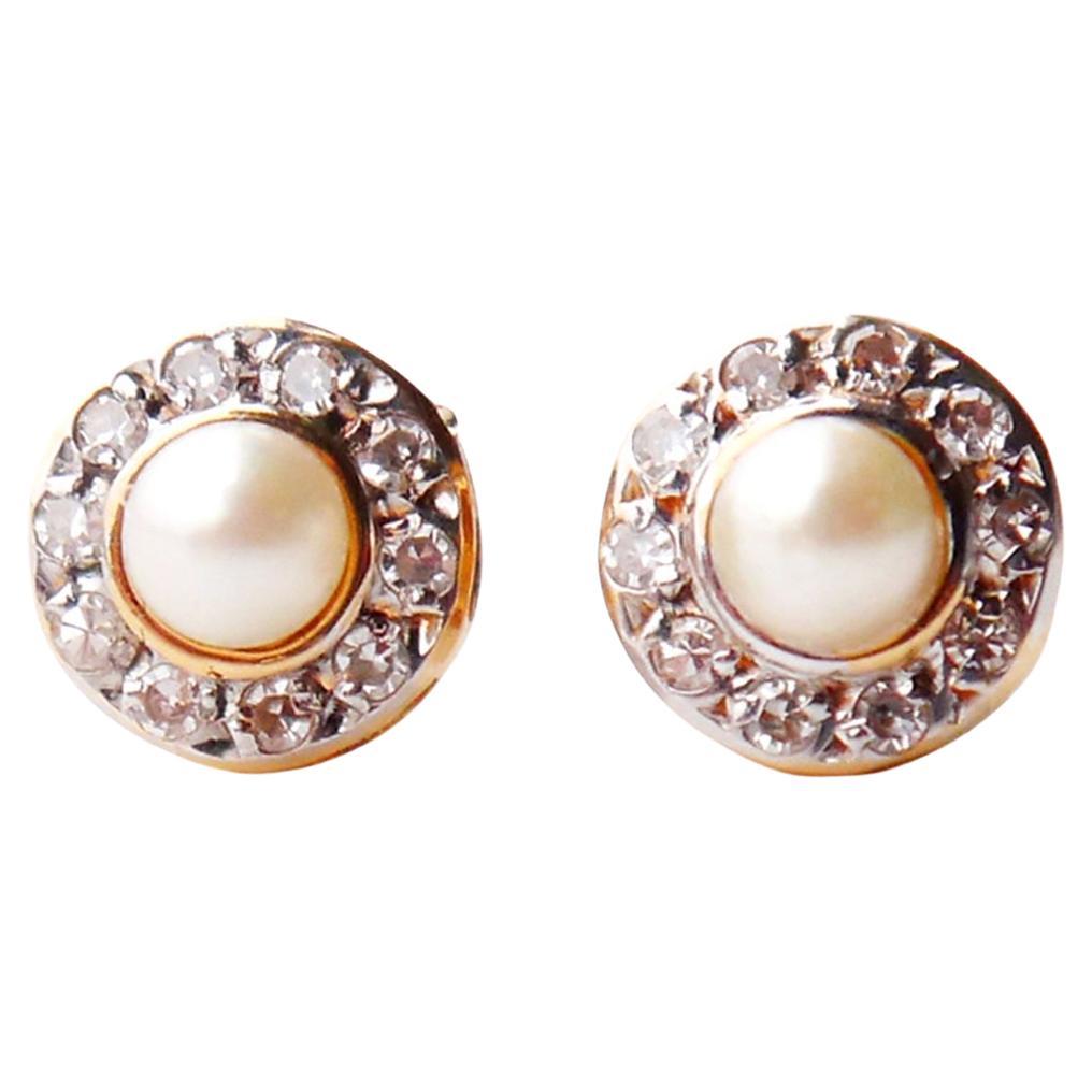 Boucles d'oreilles vintage 0.2ctw Diamants Perles or massif 18K /1.5 gr