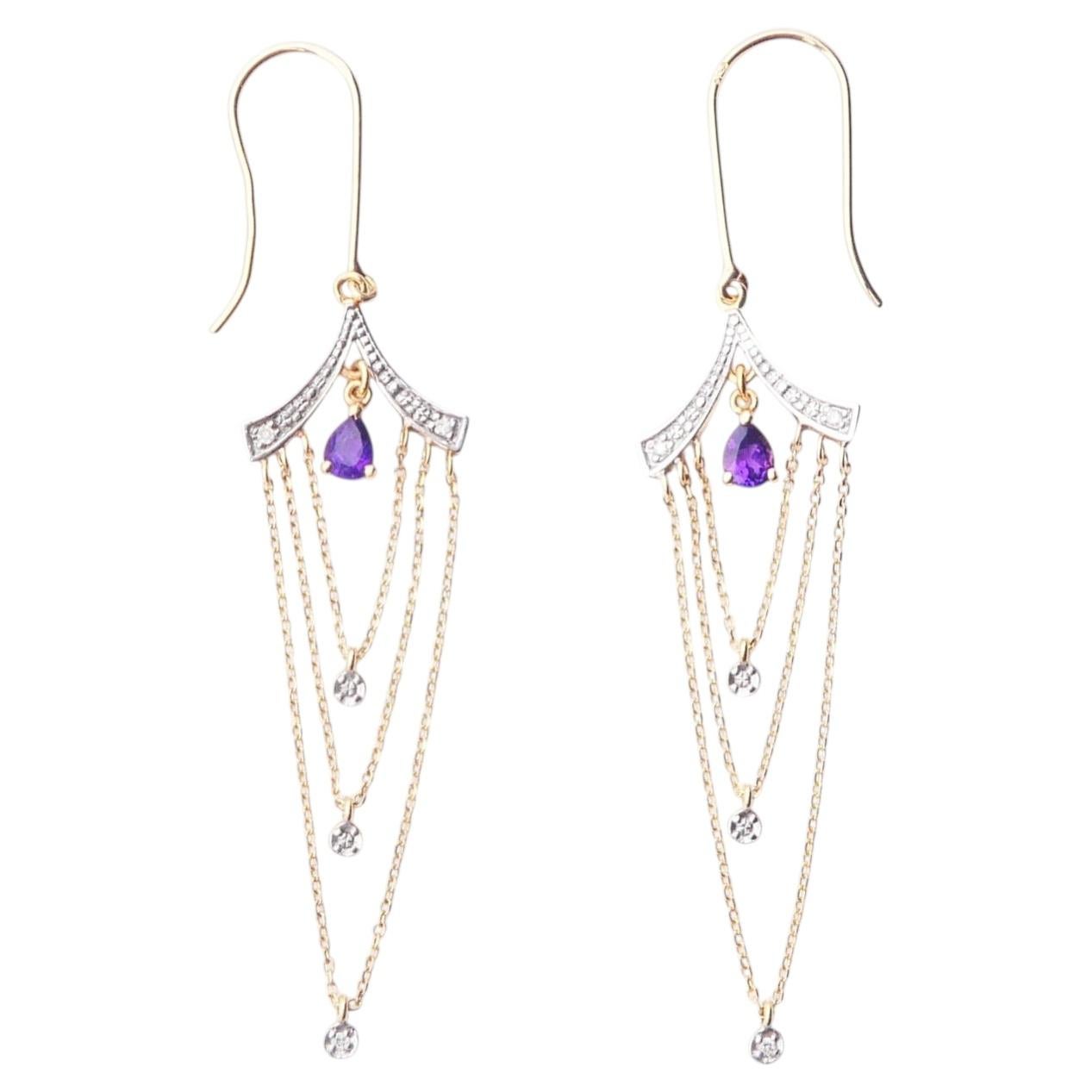 Vintage Earrings Amethyst Diamonds solid 18K Gold / 2.2 gr
