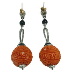Vintage Earrings Art-Deco White Gold 18 Karat Coral and Diamond