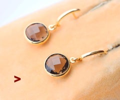 Vintage Earrings briolette cut Smoky Quartz solid 18K Gold / 1.5gr