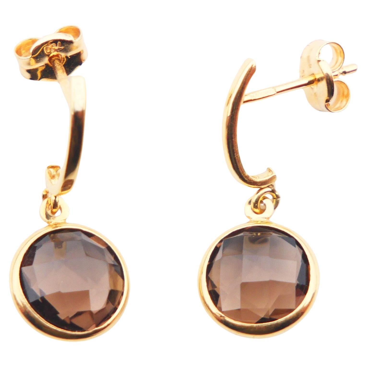 Vintage Earrings briolette cut Smoky Quartz solid 18K Gold / 1.5gr For Sale