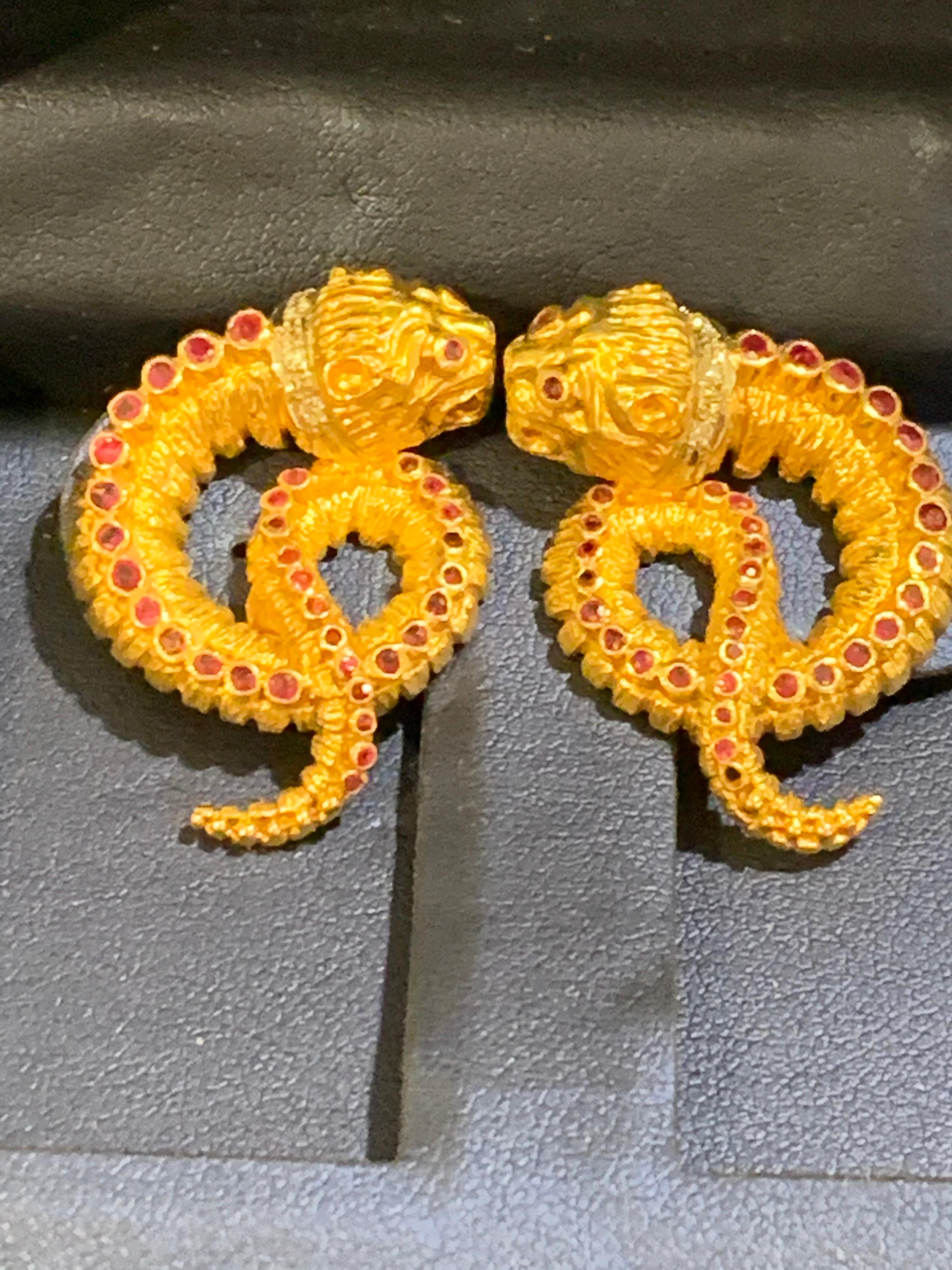Gold Earrings by Ilia’s Lalaounis Chimera 17.3dwt 18-Karat, Rubies and Diamonds For Sale