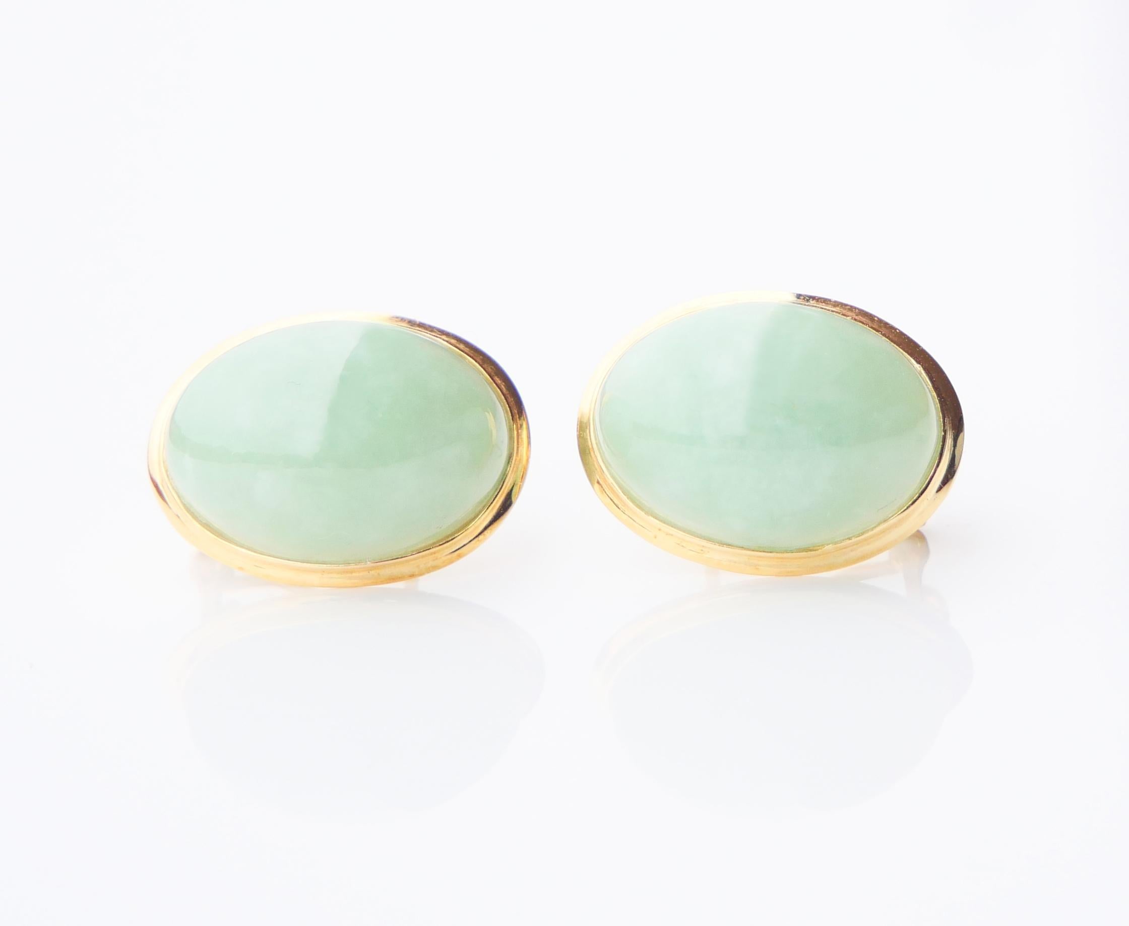 Vintage Ohrringe Clips natürliche Jade Celadon massiv 14K Gold / 8,56 gr im Angebot 2