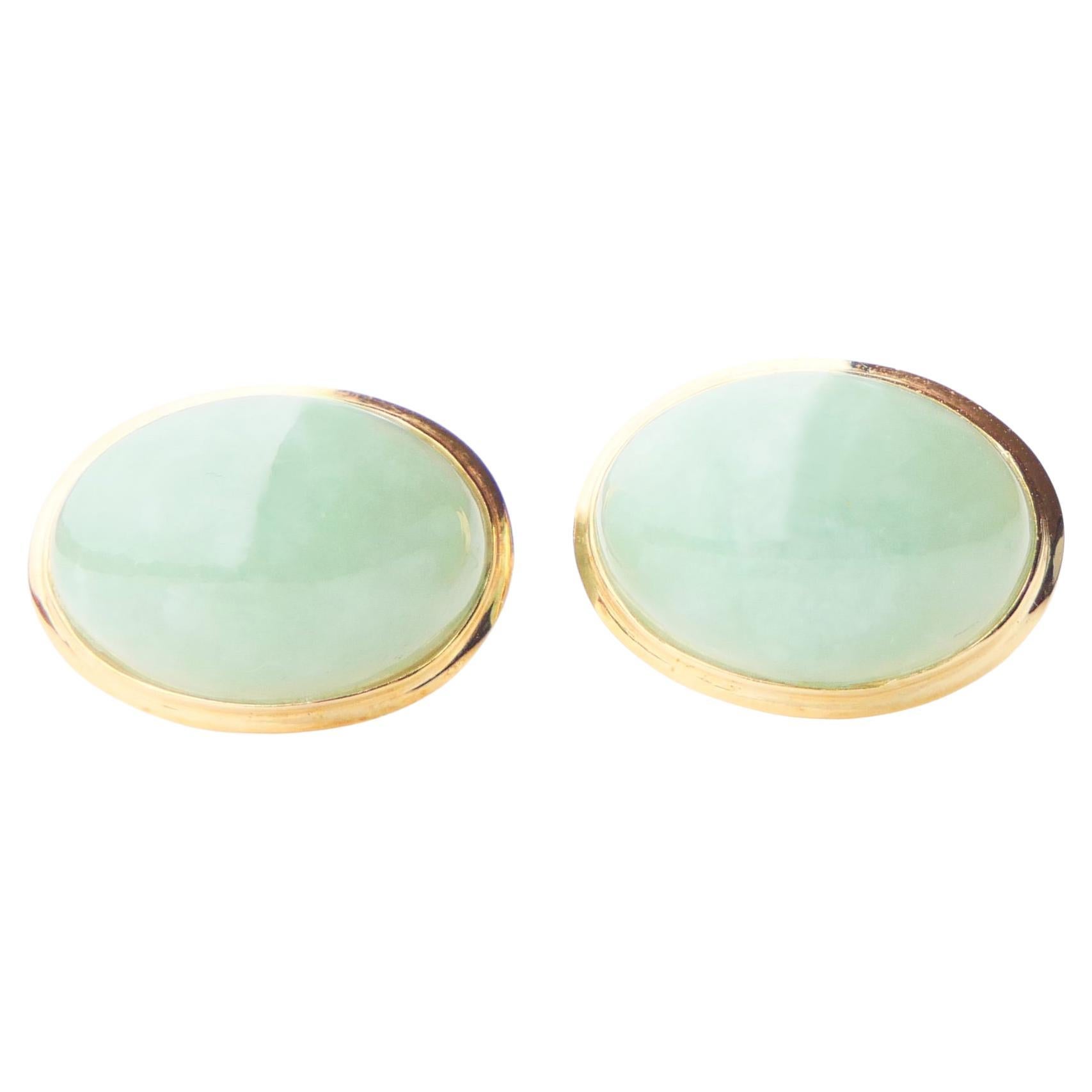 Vintage Ohrringe Clips natürliche Jade Celadon massiv 14K Gold / 8,56 gr im Angebot