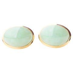 Retro Earrings Clips natural Jade Celadon solid 14K Gold / 8.56 gr
