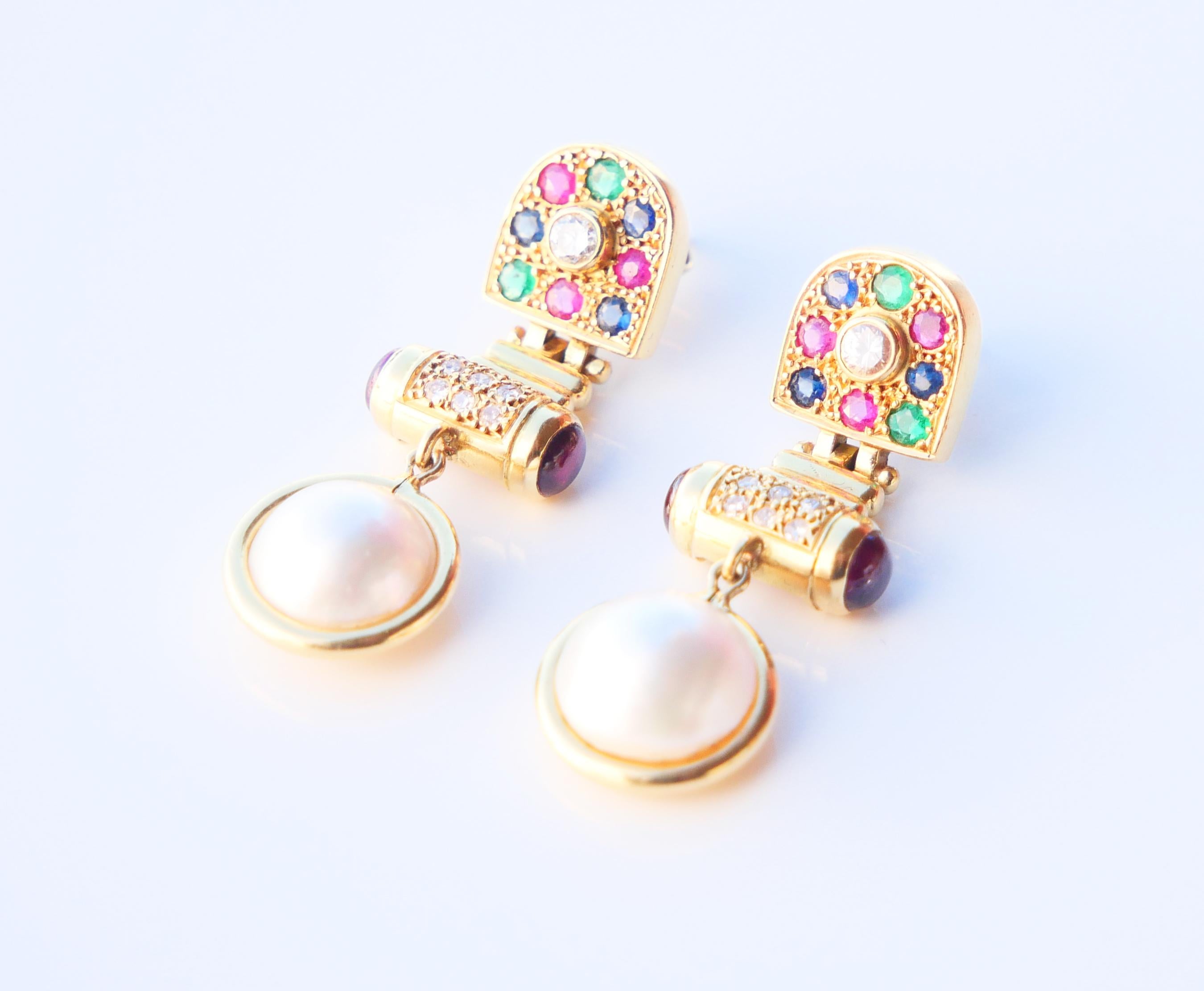 Vintage Earrings Diamond Sapphire Ruby Emerald Tourmaline Pearl 18K Gold/10.3gr  For Sale 6