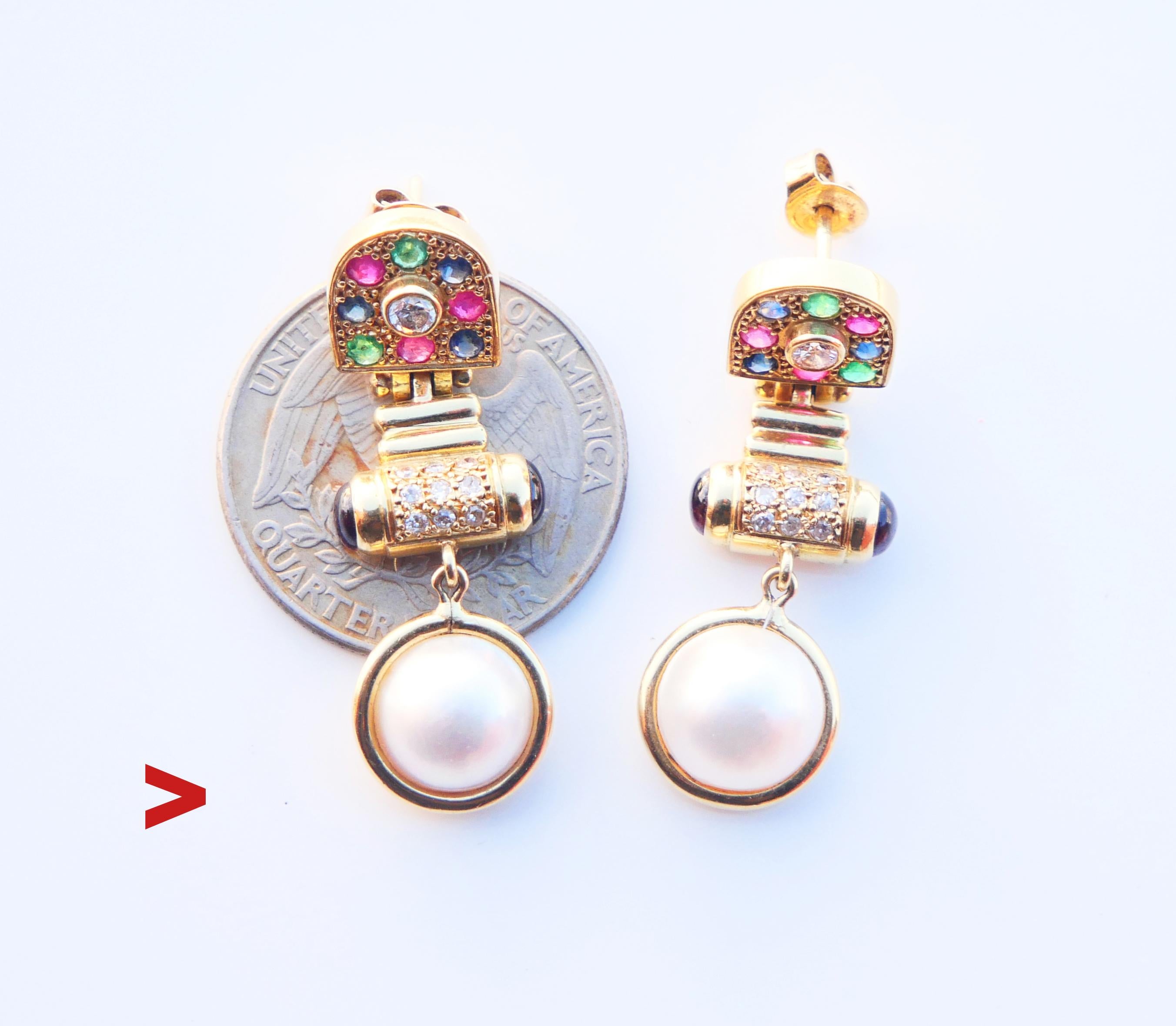 Vintage Earrings Diamond Sapphire Ruby Emerald Tourmaline Pearl 18K Gold/10.3gr  For Sale 7