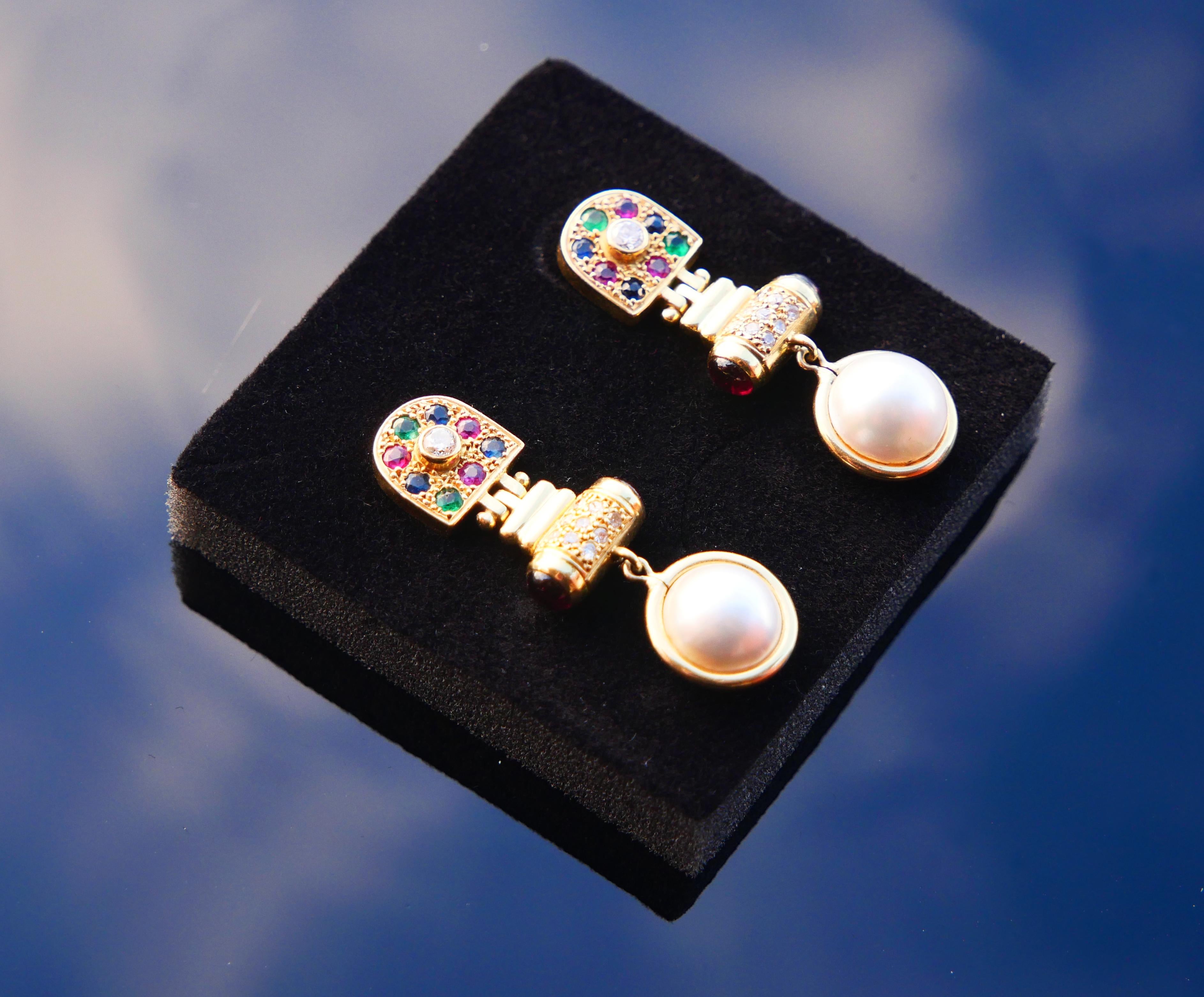 Retro Vintage Earrings Diamond Sapphire Ruby Emerald Tourmaline Pearl 18K Gold/10.3gr  For Sale