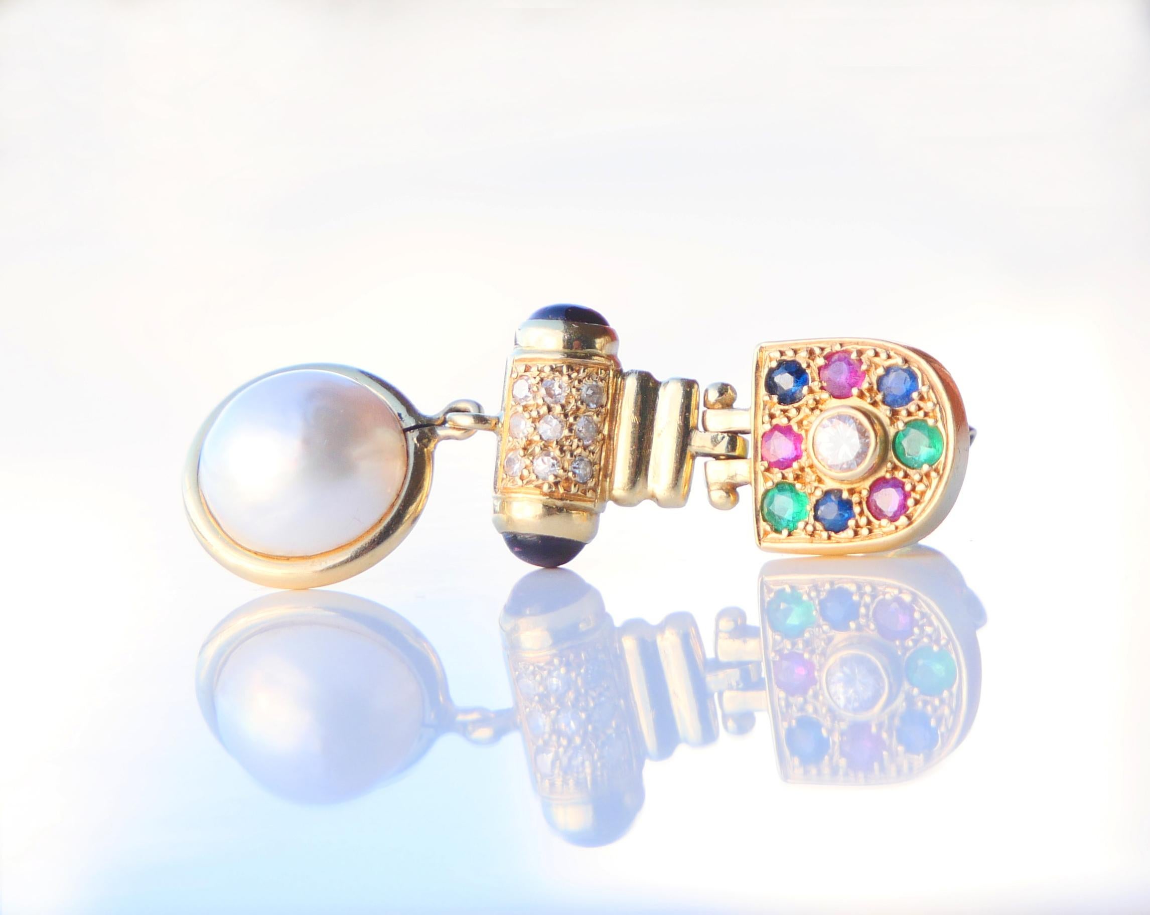 Vintage Earrings Diamond Sapphire Ruby Emerald Tourmaline Pearl 18K Gold/10.3gr  For Sale 2