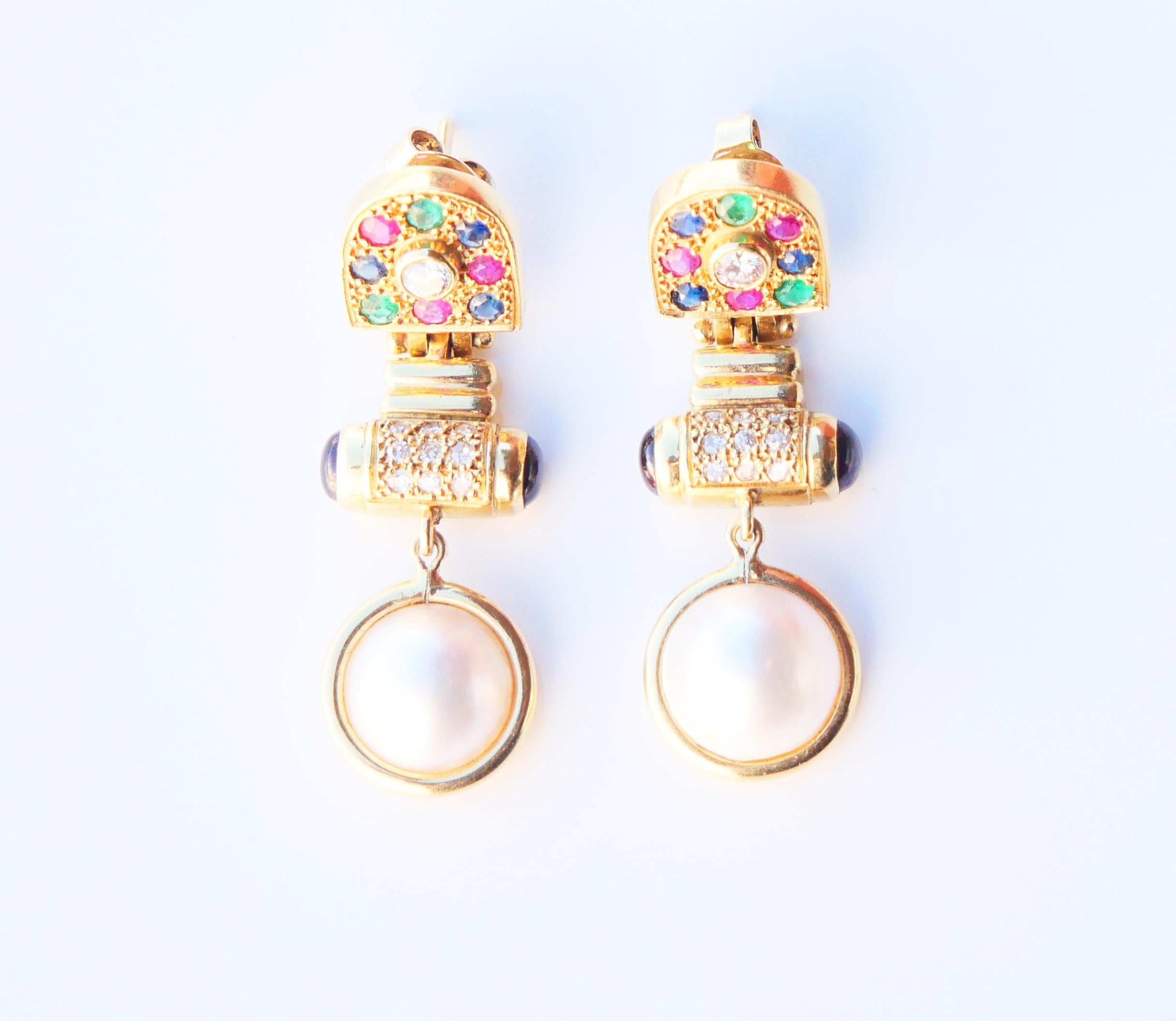 Vintage Earrings Diamond Sapphire Ruby Emerald Tourmaline Pearl 18K Gold/10.3gr  For Sale 4