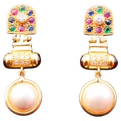Boucles d'oreilles vintage en or 18 carats avec diamant, saphir, rubis, émeraude, tourmaline et perle/10,3 g 