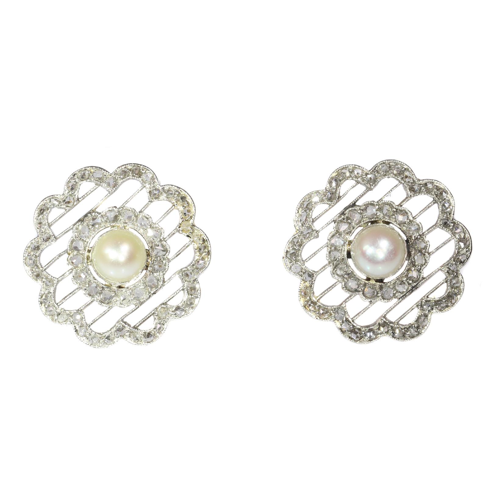 Art Deco Vintage Earrings Dutch Edwardian Platinum Set with 112 Rose Cuts and a Pearl For Sale