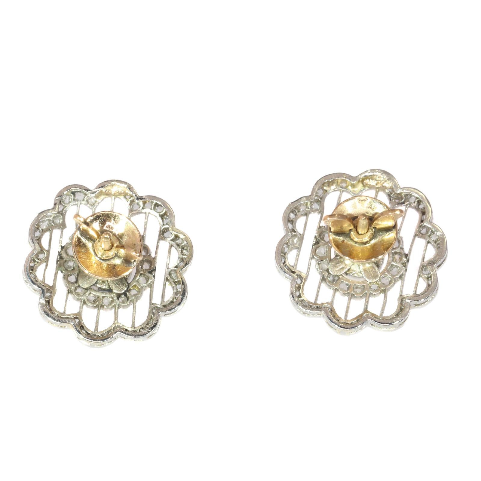 Women's Vintage Earrings Dutch Edwardian Platinum Set with 112 Rose Cuts and a Pearl For Sale