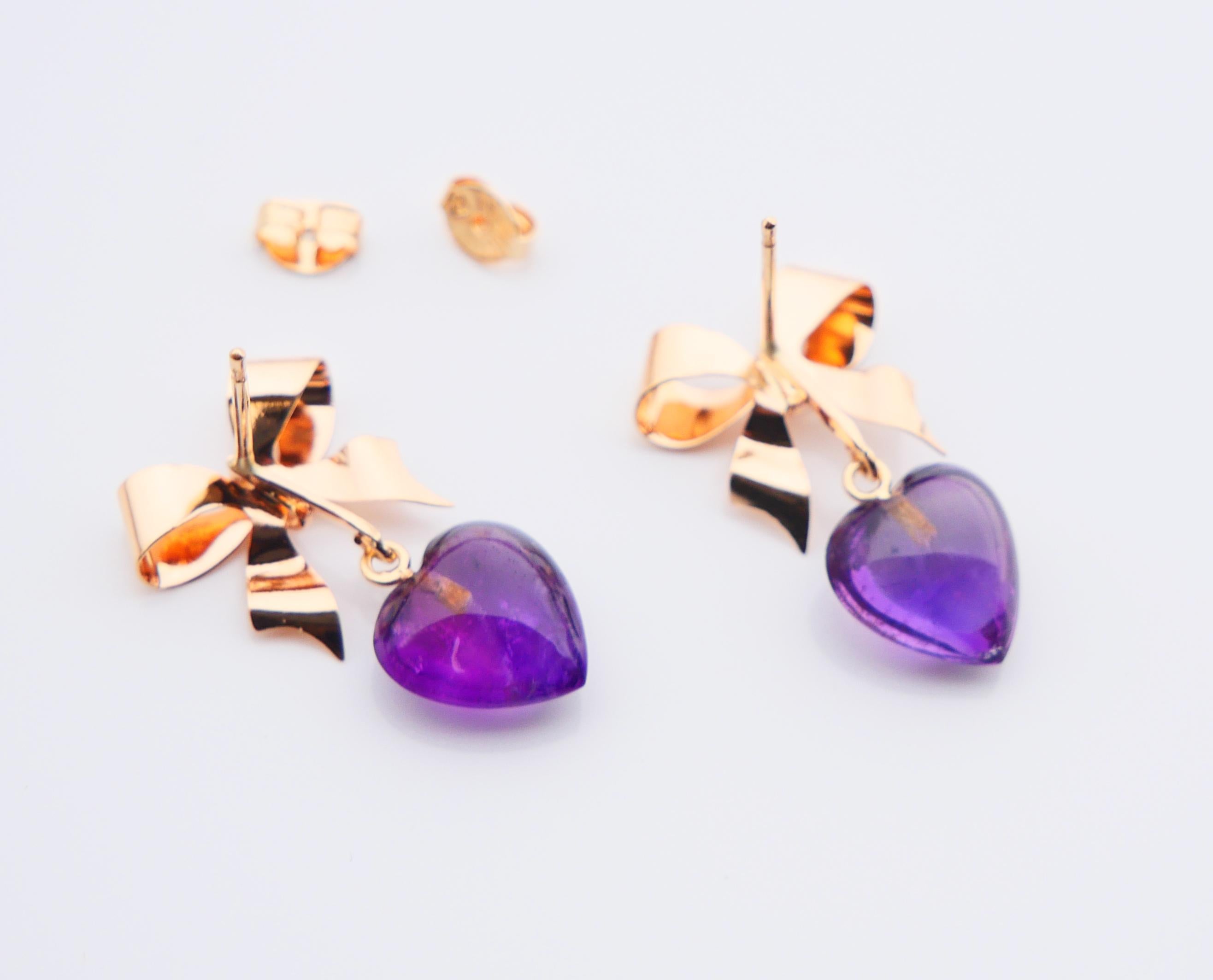 Vintage Earrings Hearths & Bows natural Amethyst solid 18K Gold / 3.13gr For Sale 5