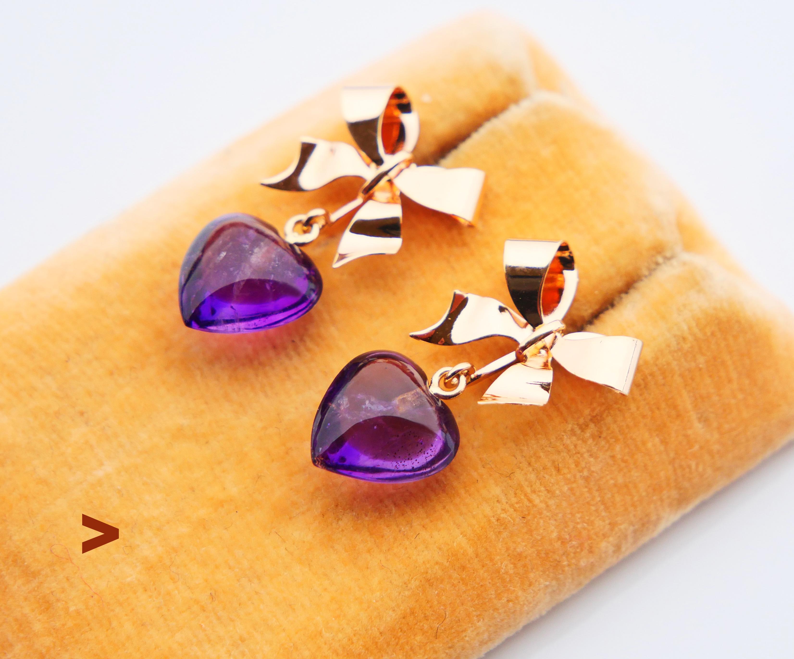 Retro Vintage Earrings Hearths & Bows natural Amethyst solid 18K Gold / 3.13gr For Sale