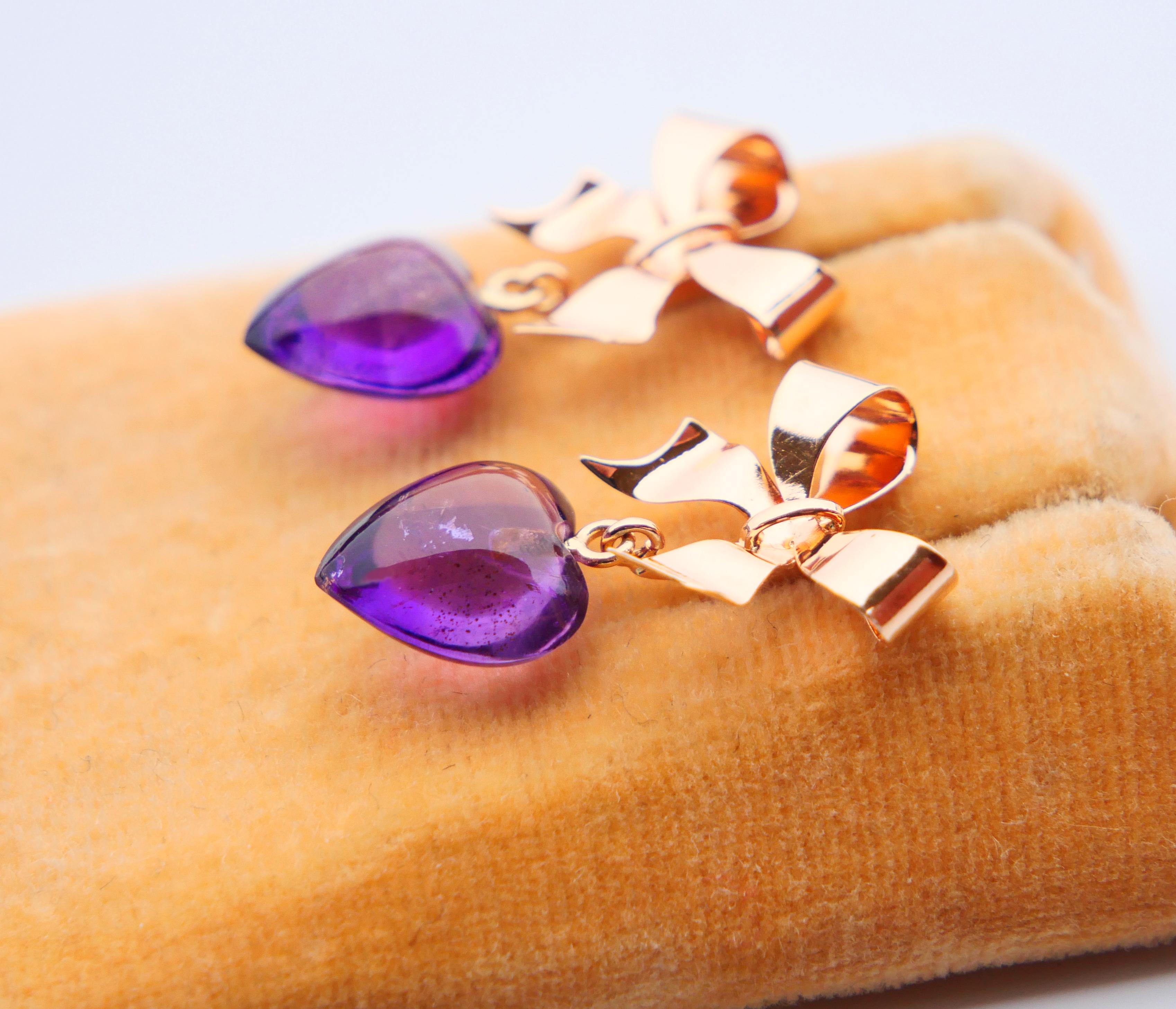 Heart Cut Vintage Earrings Hearths & Bows natural Amethyst solid 18K Gold / 3.13gr For Sale