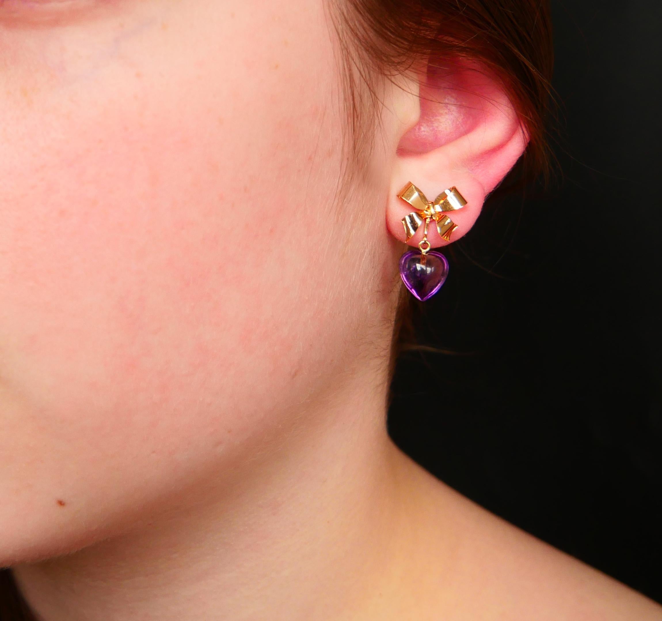 Women's Vintage Earrings Hearths & Bows natural Amethyst solid 18K Gold / 3.13gr For Sale