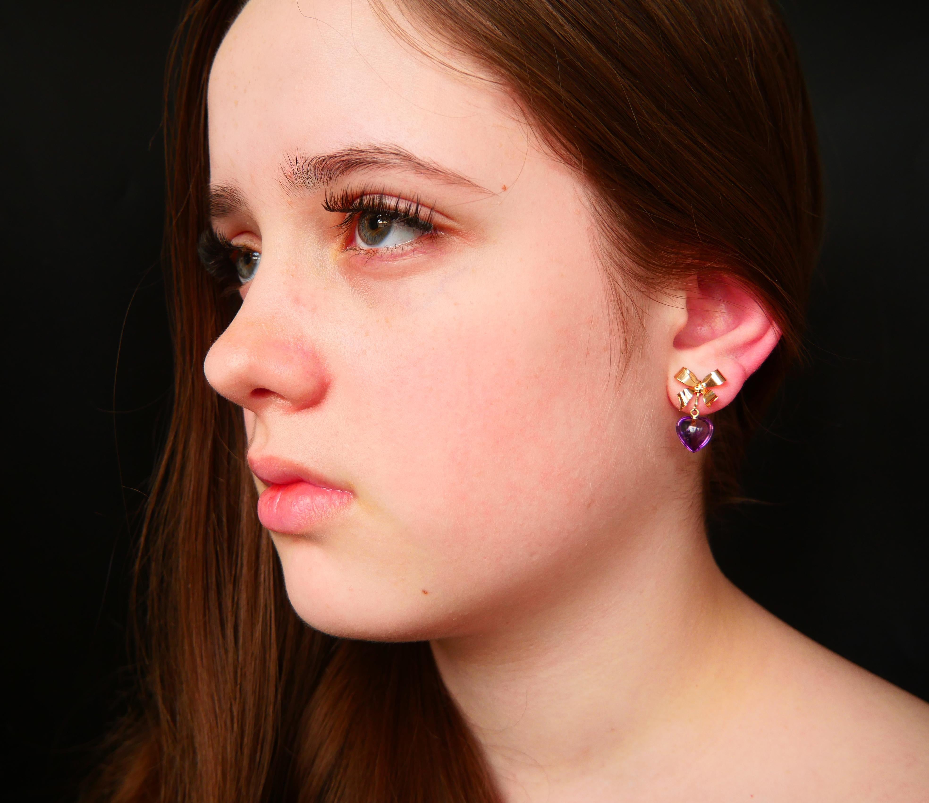 Vintage Earrings Hearths & Bows natural Amethyst solid 18K Gold / 3.13gr For Sale 1