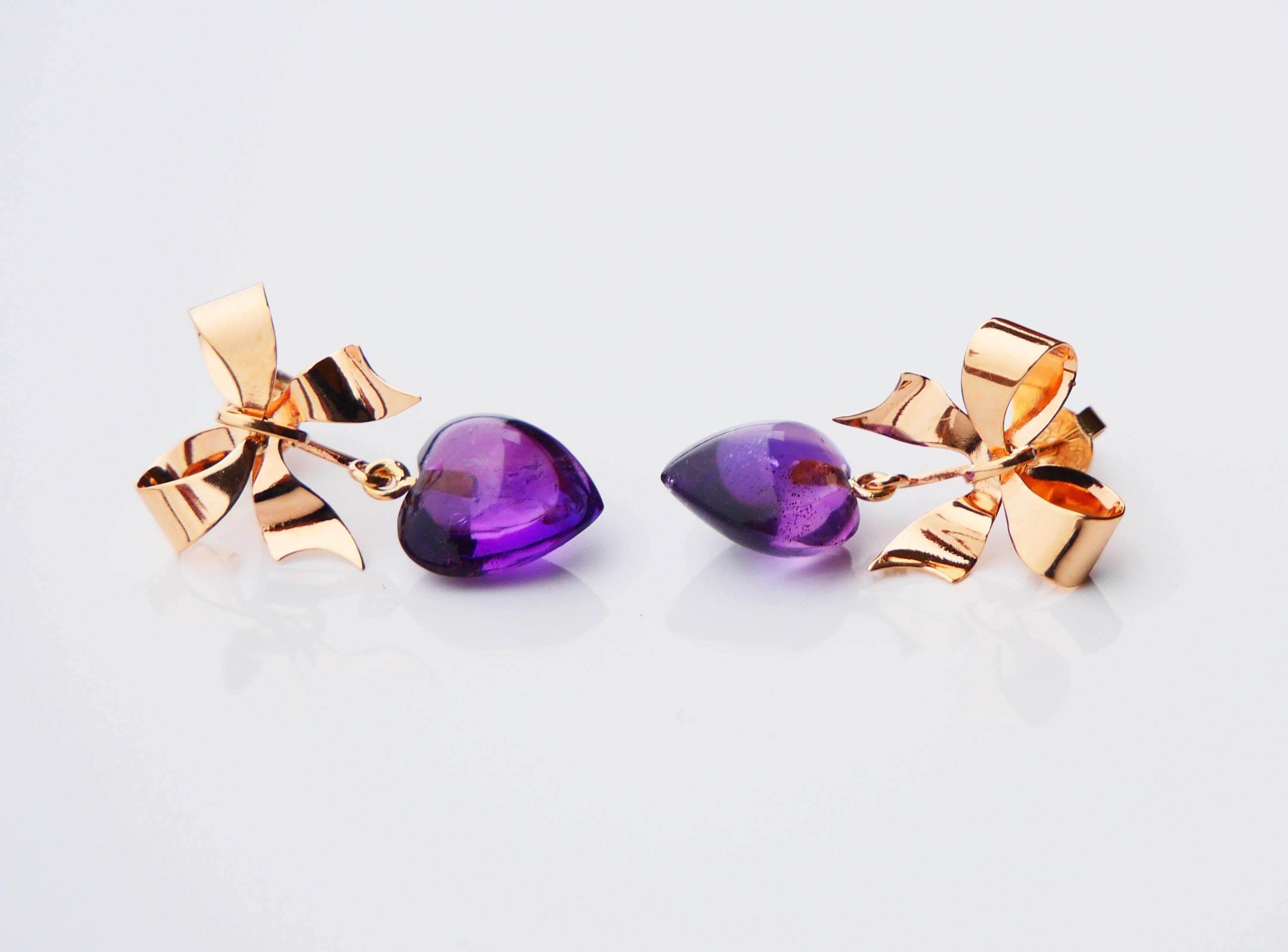Vintage Earrings Hearths & Bows natural Amethyst solid 18K Gold / 3.13gr For Sale 3