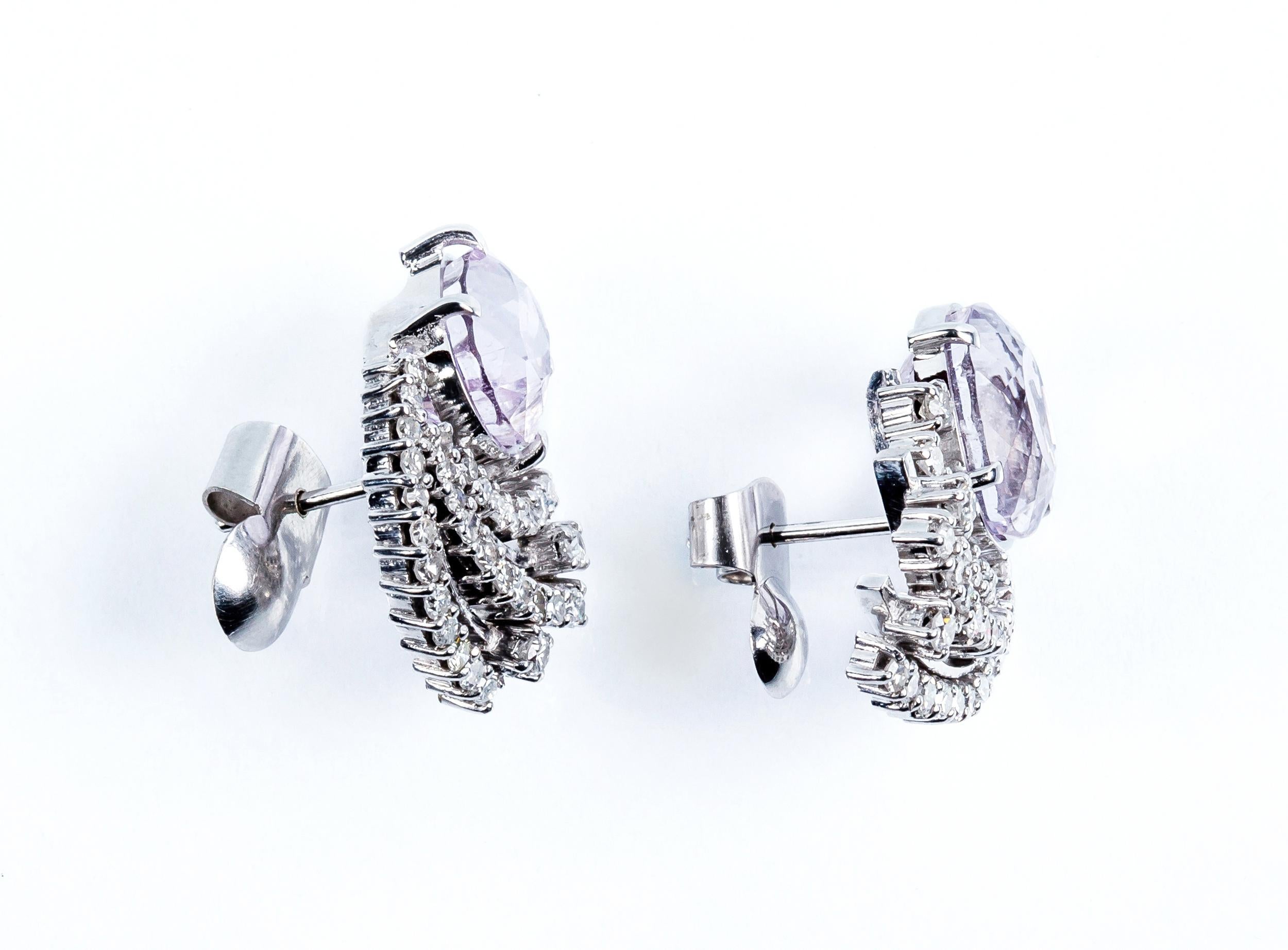 Women's or Men's Vintage Earrings in White Gold, Faceted Kunzite and White Diamonds For Sale