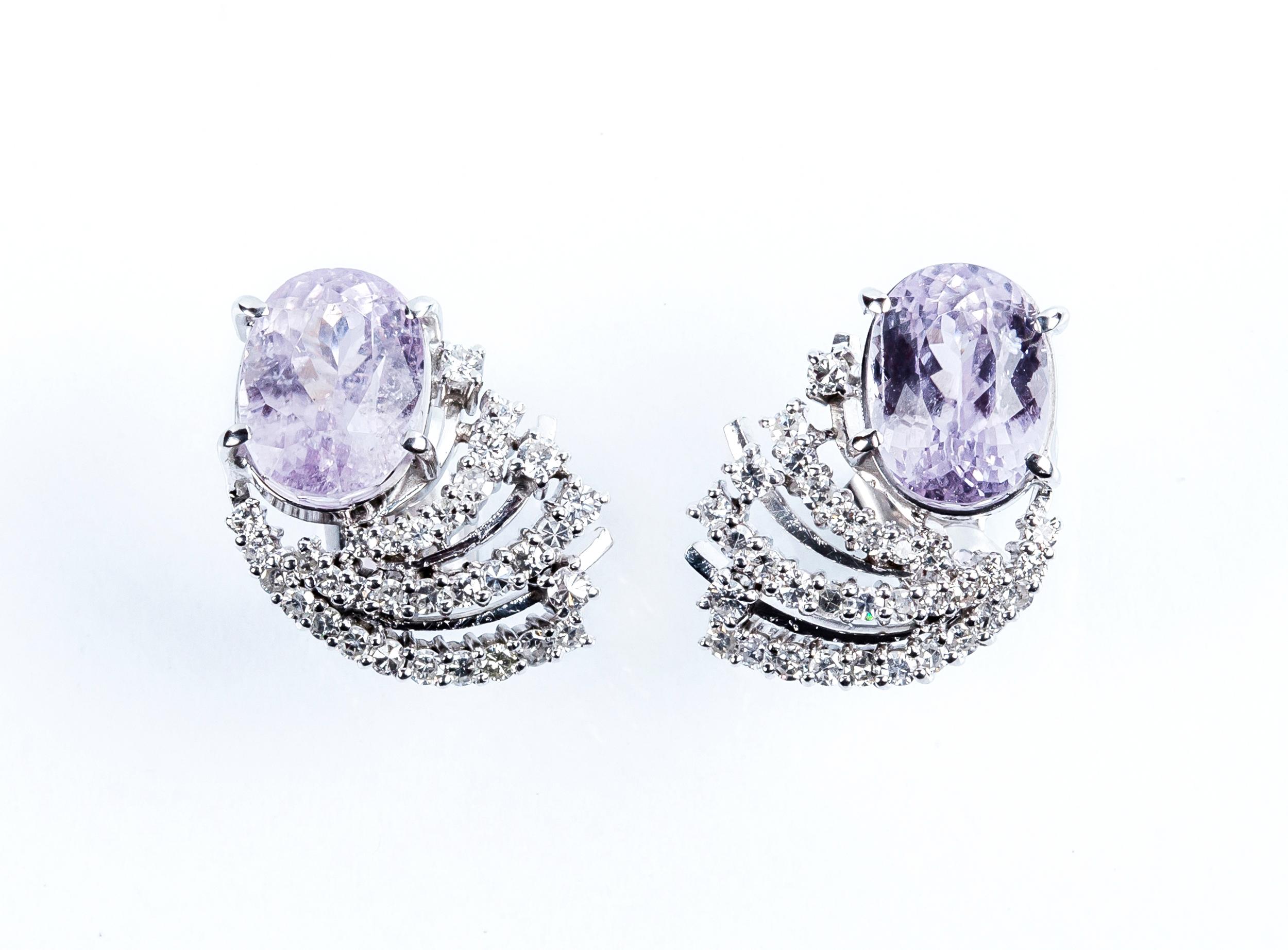 Vintage Earrings in White Gold, Faceted Kunzite and White Diamonds For Sale 1