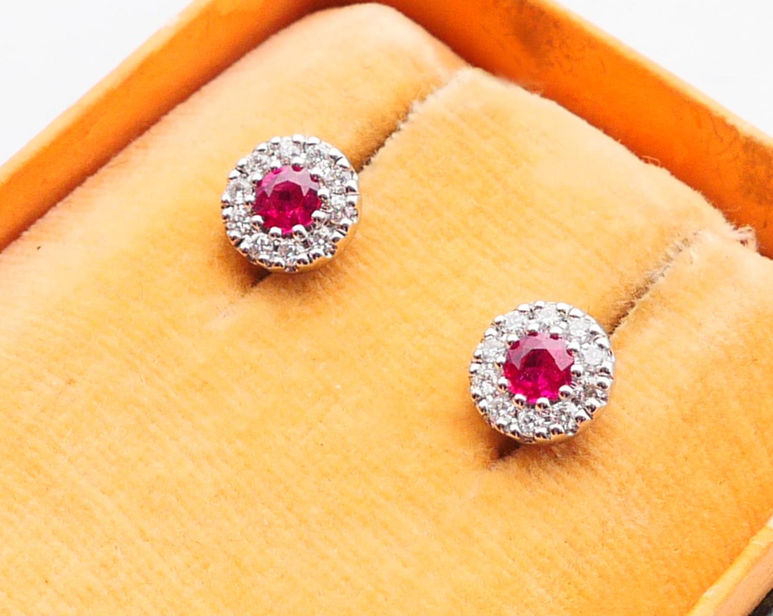 Retro Vintage Earrings natural  0.5 ctw. Ruby 0.3 ctw. Diamonds 18K White Gold / 2.3gr For Sale