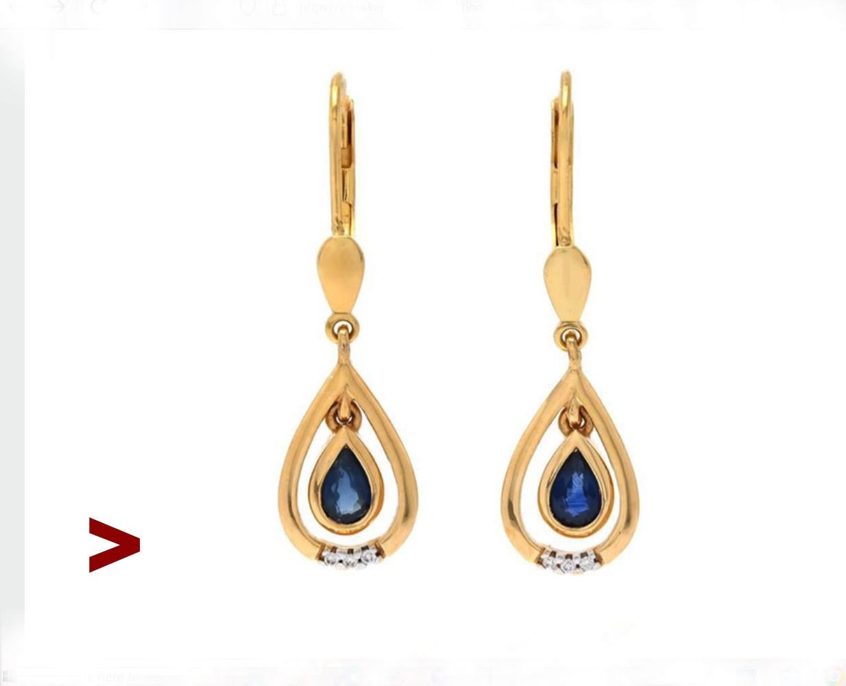 Ein Paar Vintage-Anhänger aus den 1970er Jahren aus massivem 18-karätigem Gelb- und Weißgold, verziert mit natürlichen blauen Saphiren im Birnenschliff (5 x 3 mm x 2 mm tief / ca. 0,3 ct)  jeder und  insgesamt 6 Diamanten mit natürlichem