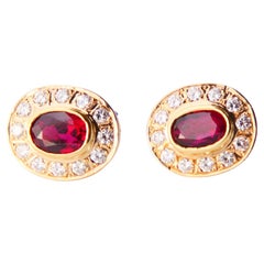 Vintage Earrings natural 1.35ctw Ruby 0.5ctw Diamonds solid 18K Gold / 4.4gr