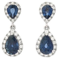 Vintage Earrings natural 1.6 ctw Sapphire Diamonds solid 18 White Gold /2.5gr