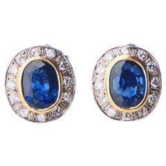 Vintage Earrings natural 2ctw Sapphire 0.25ctw Diamonds solid 18K Gold / 4.3 gr.