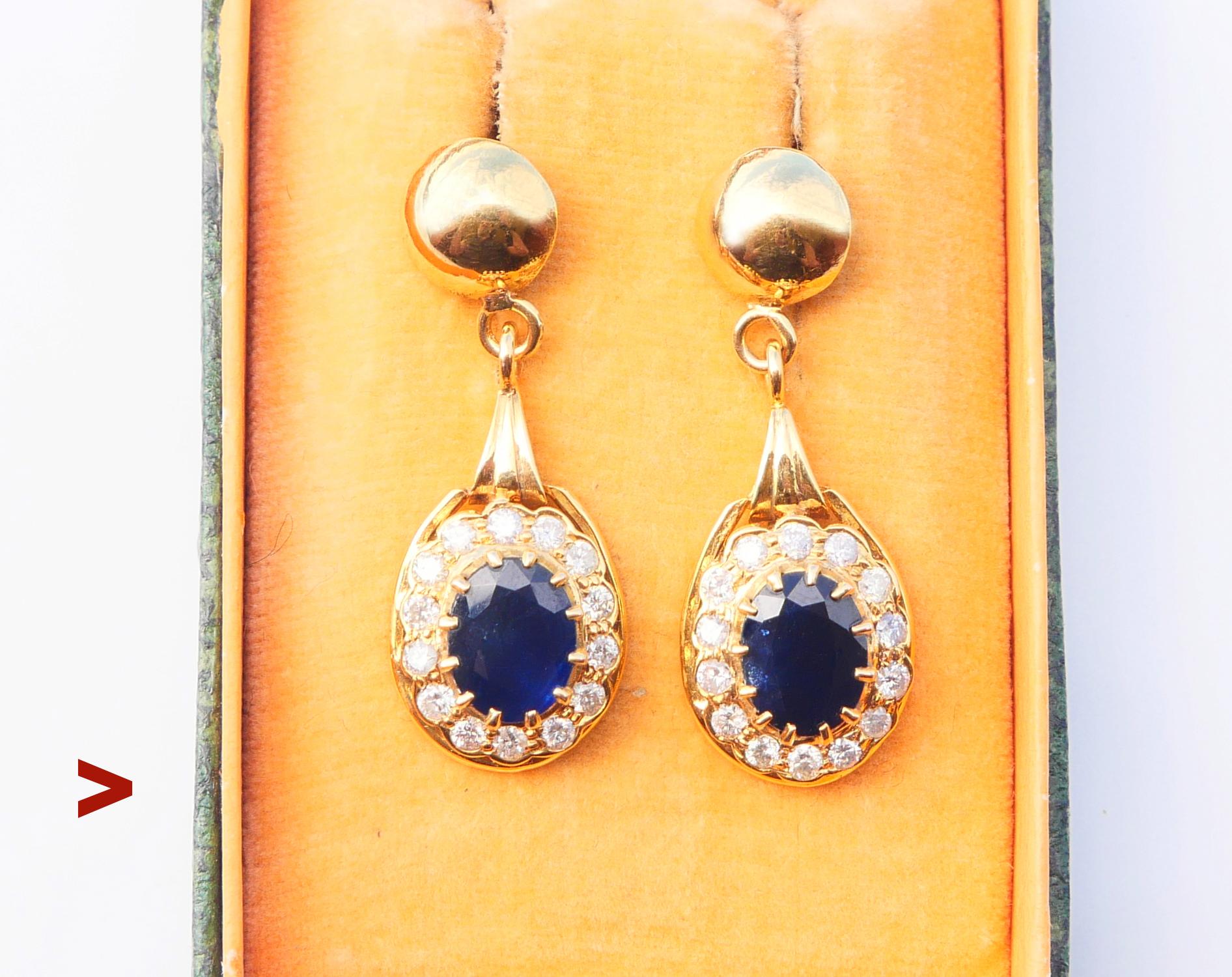 Retro Vintage Earrings natural 4.5ct Sapphire 1.12ct Diamonds solid 18 Gold / 9gr For Sale