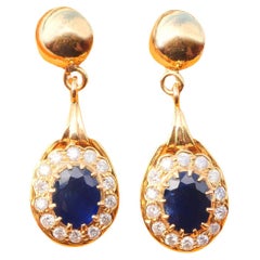 Boucles d'oreilles vintage saphir naturel 4.5ct 1.12ct Diamants or massif 18 / 9gr