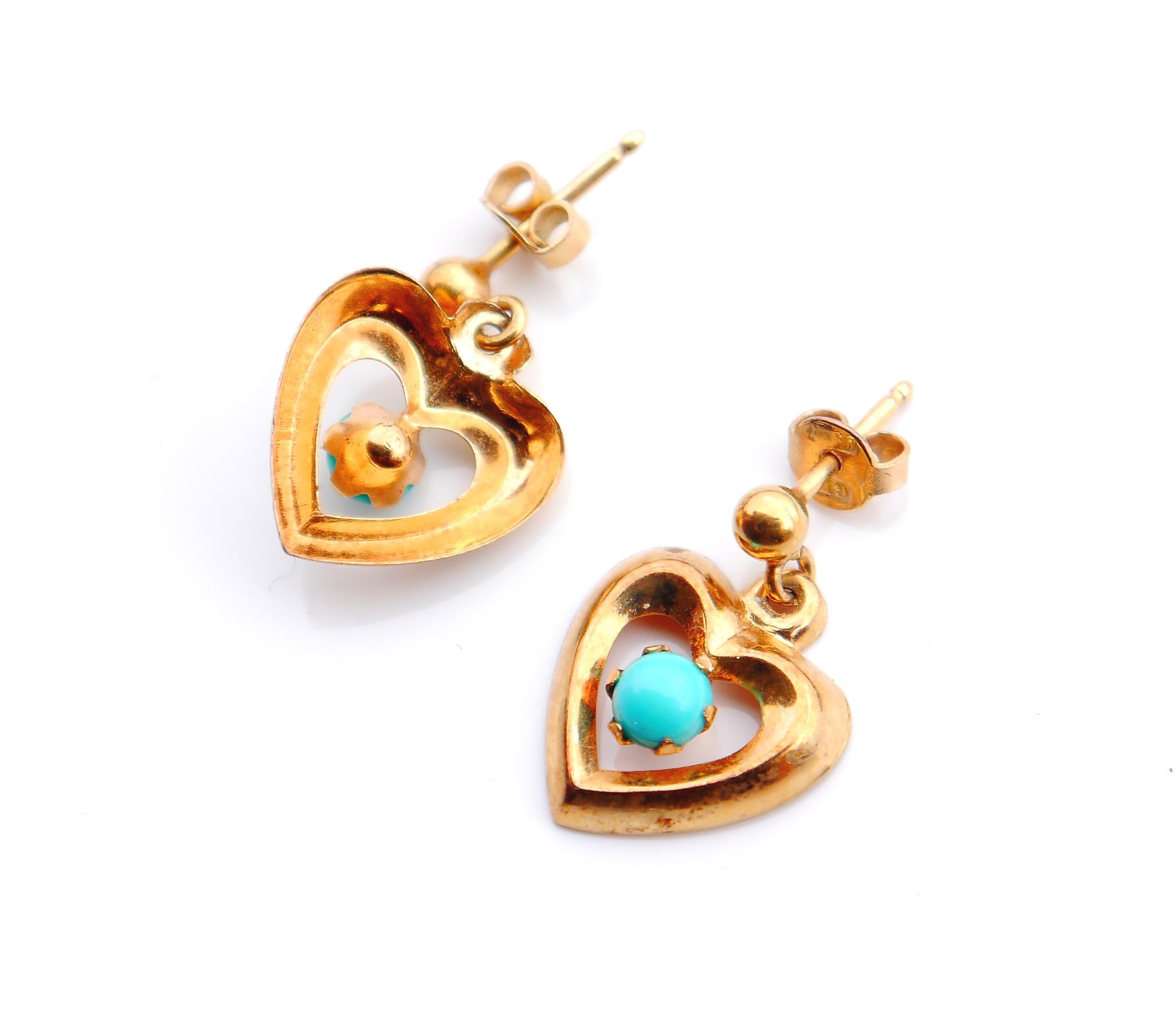 Vintage Ohrringe Naturtürkis massiv Gelb 18K Gold / 1.7g (Cabochon) im Angebot