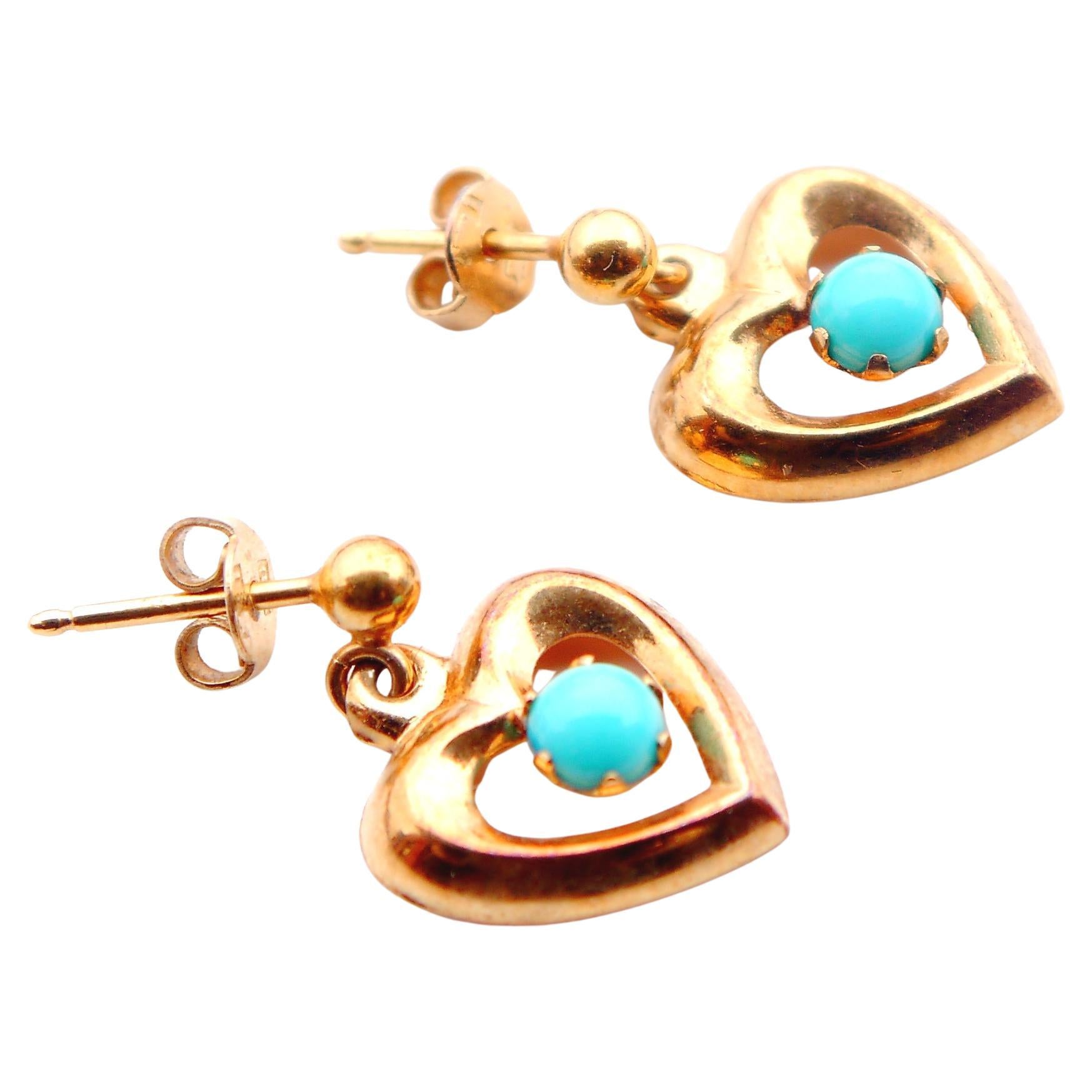 Boucles d
oreilles Vintage Turquoise naturelle massif Jaune Or 18K / 1.7g