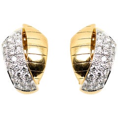 Vintage Earrings of Hooped Design in 18 Karat Gold & Diamonds, French circa 1950