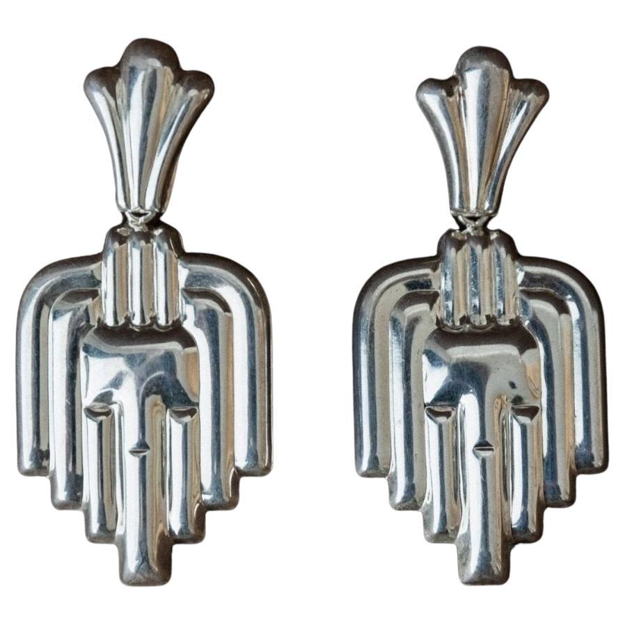 Boucles d
oreilles Vintage Silver Art Deco Timeless-art Design avec Relief Italie, 1970
