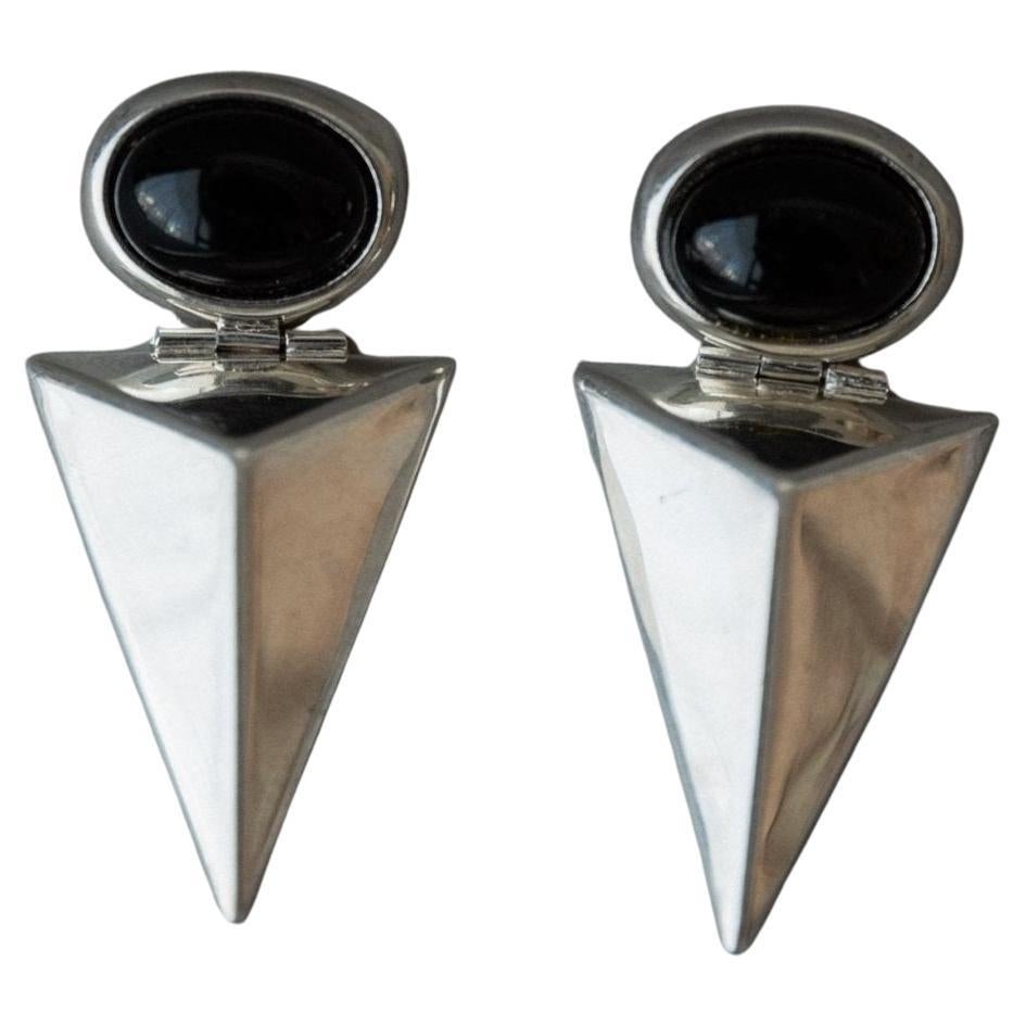 Vintage Earrings Silver with Onyx Modernist, Timeless Design Italy, 1970s