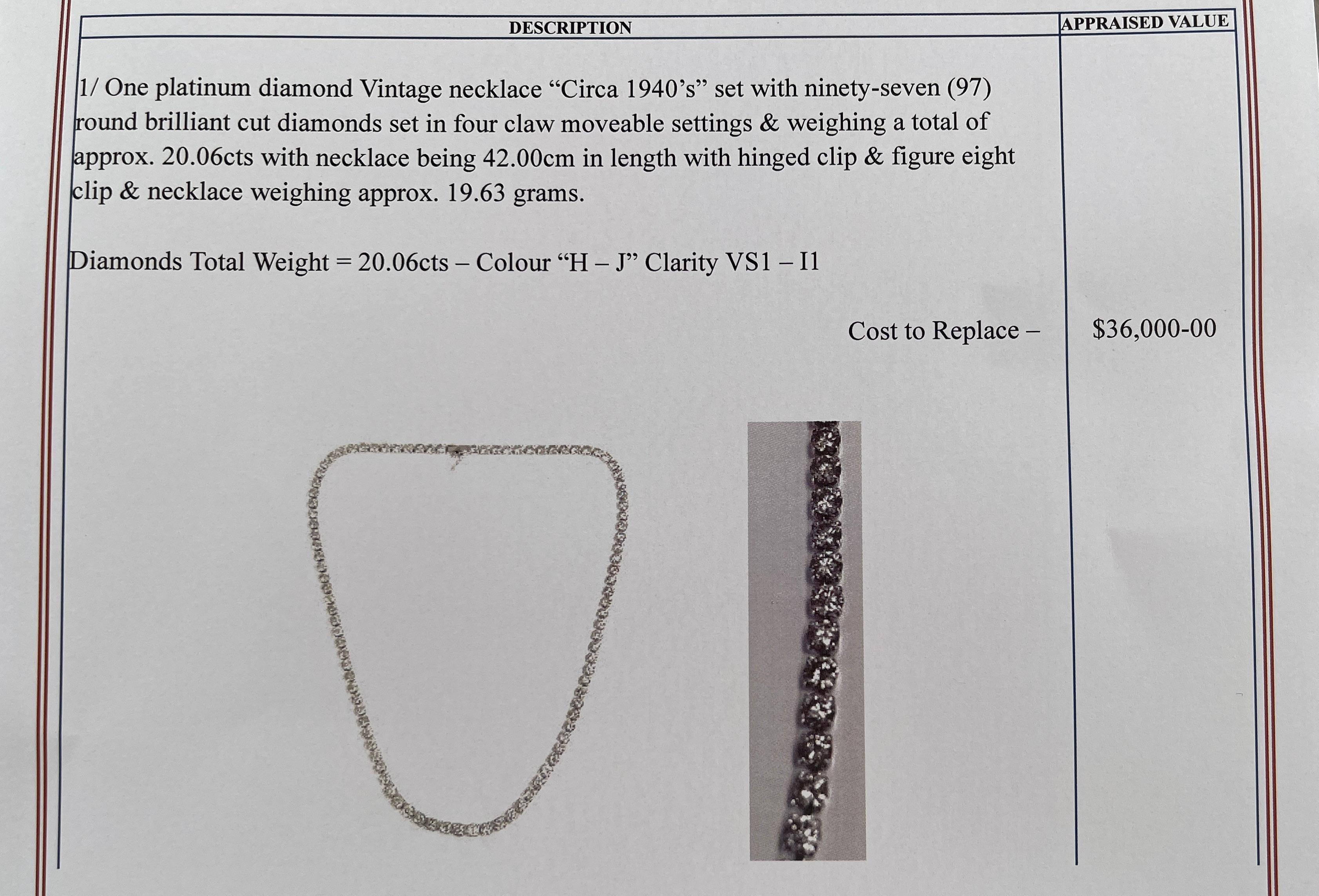 Round Cut Vintage Earth Mined Genuine Diamond Platinum Necklace Circa 1940s with Valuation For Sale
