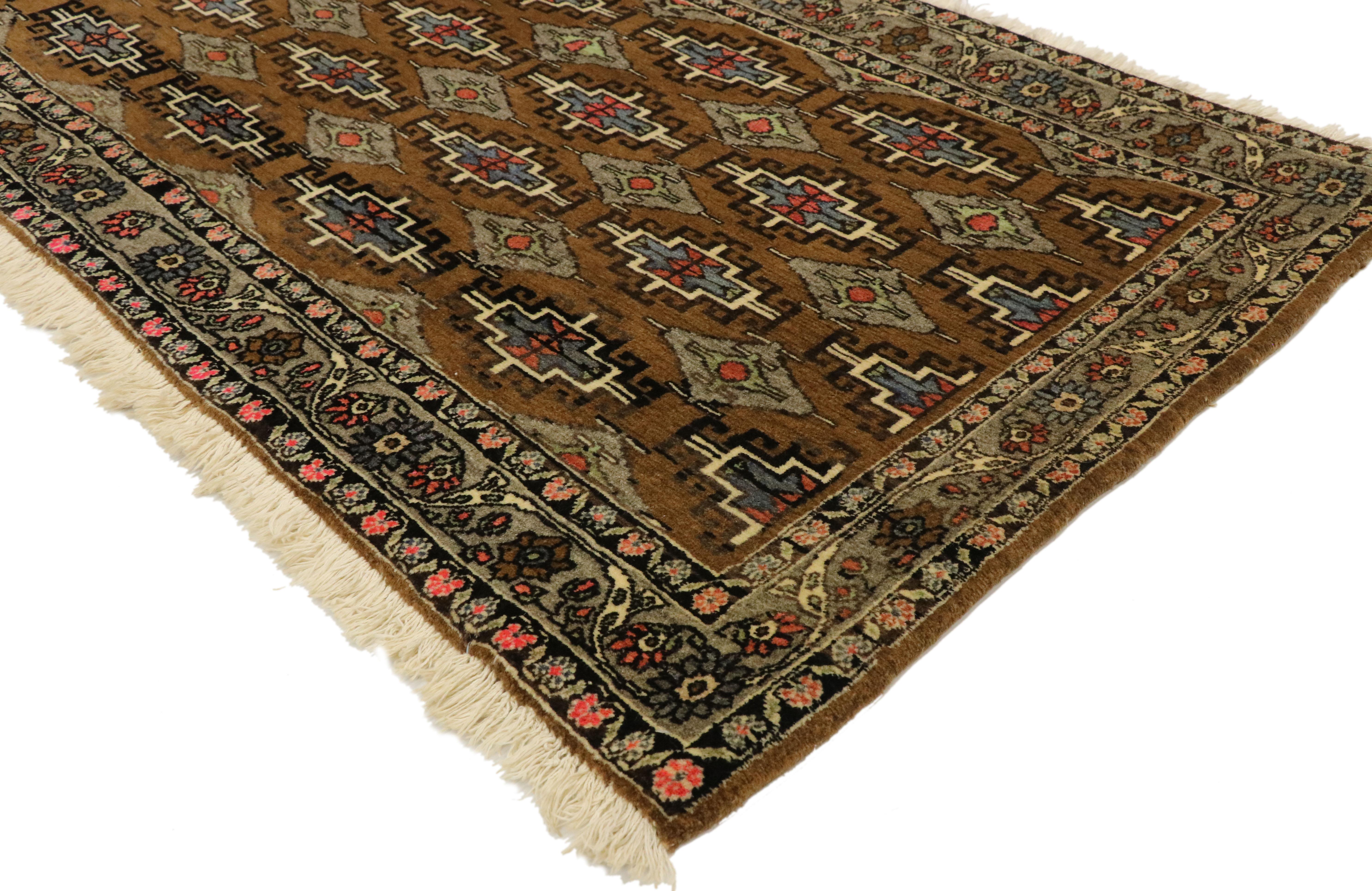 75150 Vintage Persian Khorassan Rug, 02'04 x 04'04. This captivating hand-knotted wool vintage Persian Khorassan rug is a testament to the intricate artistry and meticulous craftsmanship of the Khorassan region. The rug's design is a harmonious