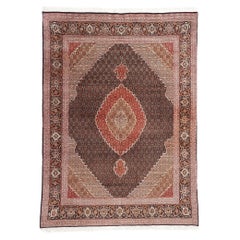 Vintage Earth-Tone Persian Mahi Tabriz Wool and Silk Carpet