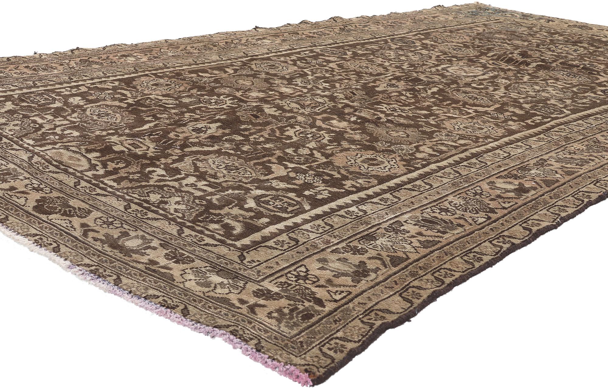 61250 Vintage Earth-Tone Persian Malayer Rug, 05'03 x 09'06. Step into the world of timeless elegance and relaxed refinement with this hand-knotted wool vintage Persian Malayer rug, a masterpiece that beautifully embodies the essence of Biophilic