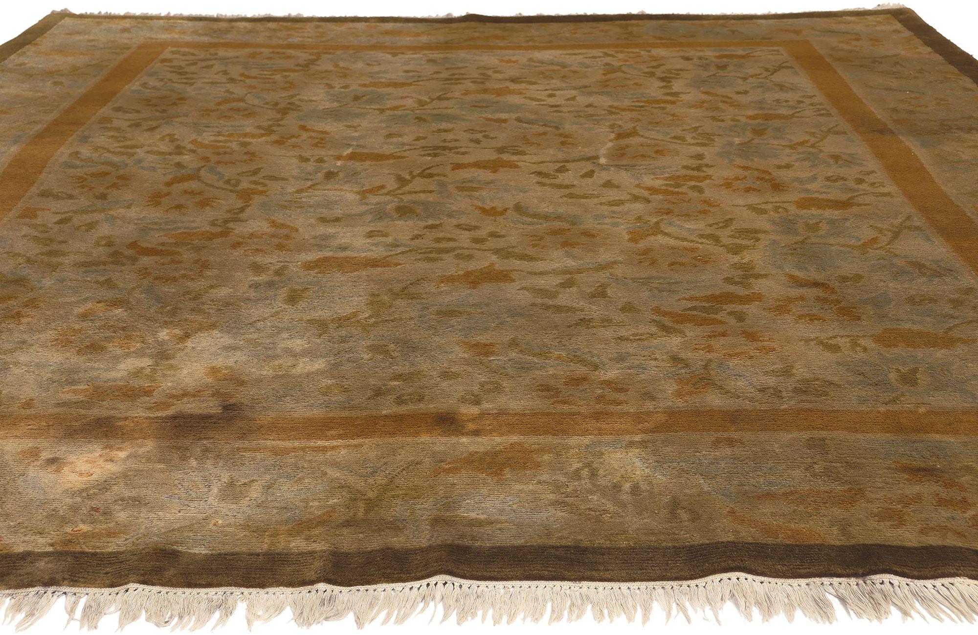 Nepalese Vintage Earth-Tone Tibetan Wool Area Rug For Sale