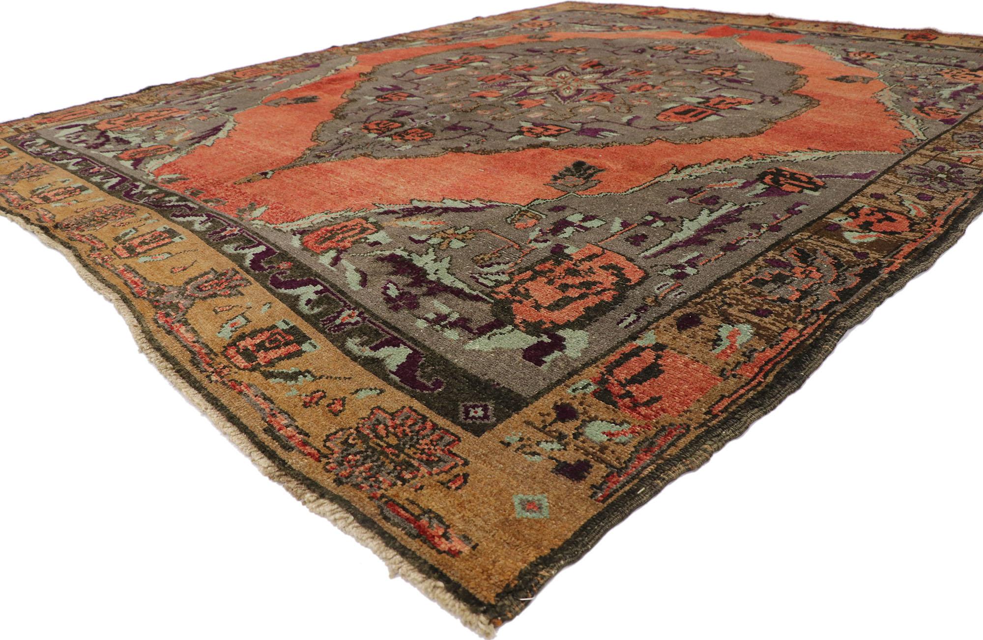 53668 Vintage Turkish Oushak Rug, 08'09 x 10'03. This exquisite hand-knotted wool Turkish Oushak rug exudes a sense of grandeur and mystique reminiscent of the Chateau Marmont's storied opulence and gothic charm. At the heart of its design, an