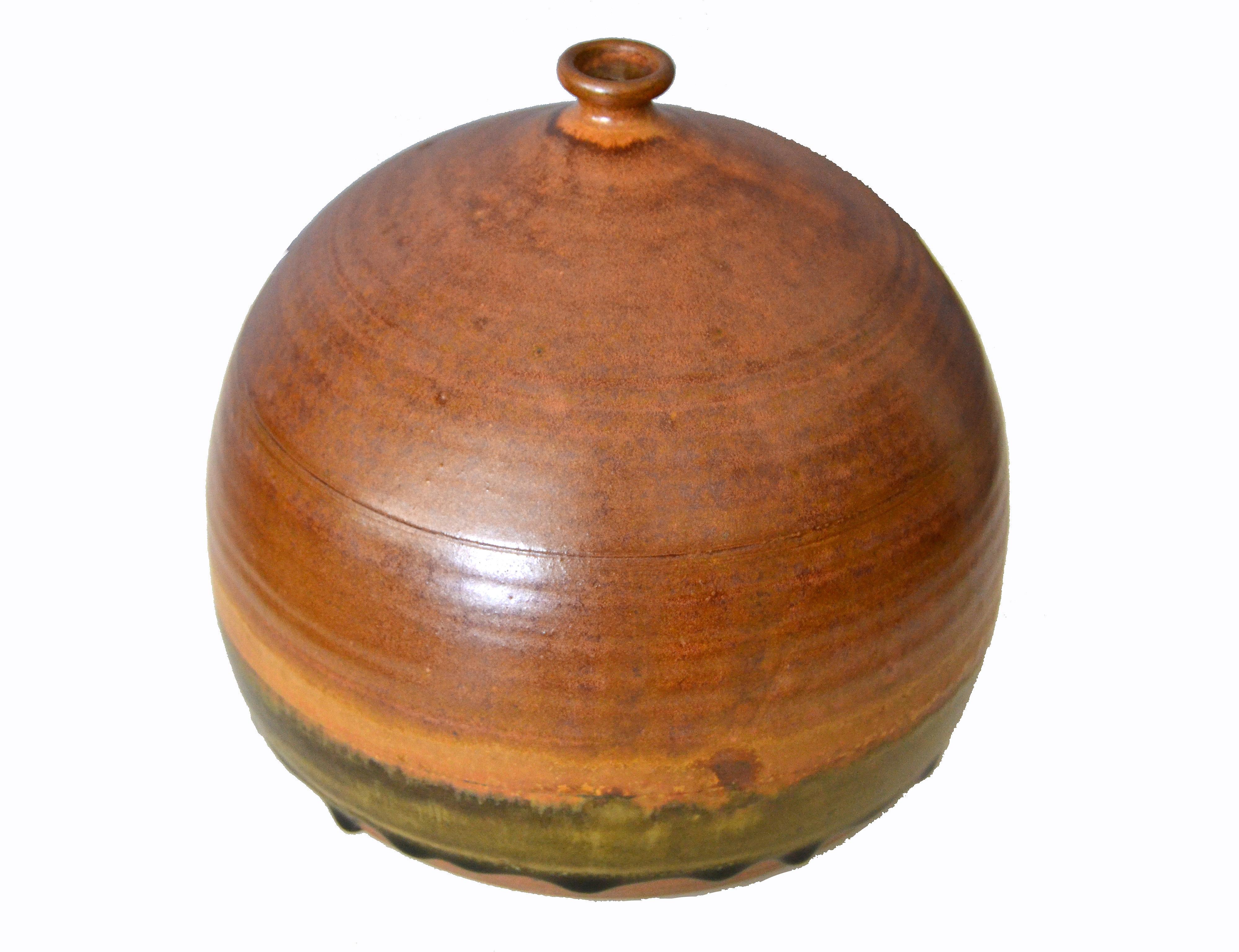 Folk Art Vintage Earthenware Handcrafted Brown Terra Studio Drip Glaze Bud, Weed Vase
