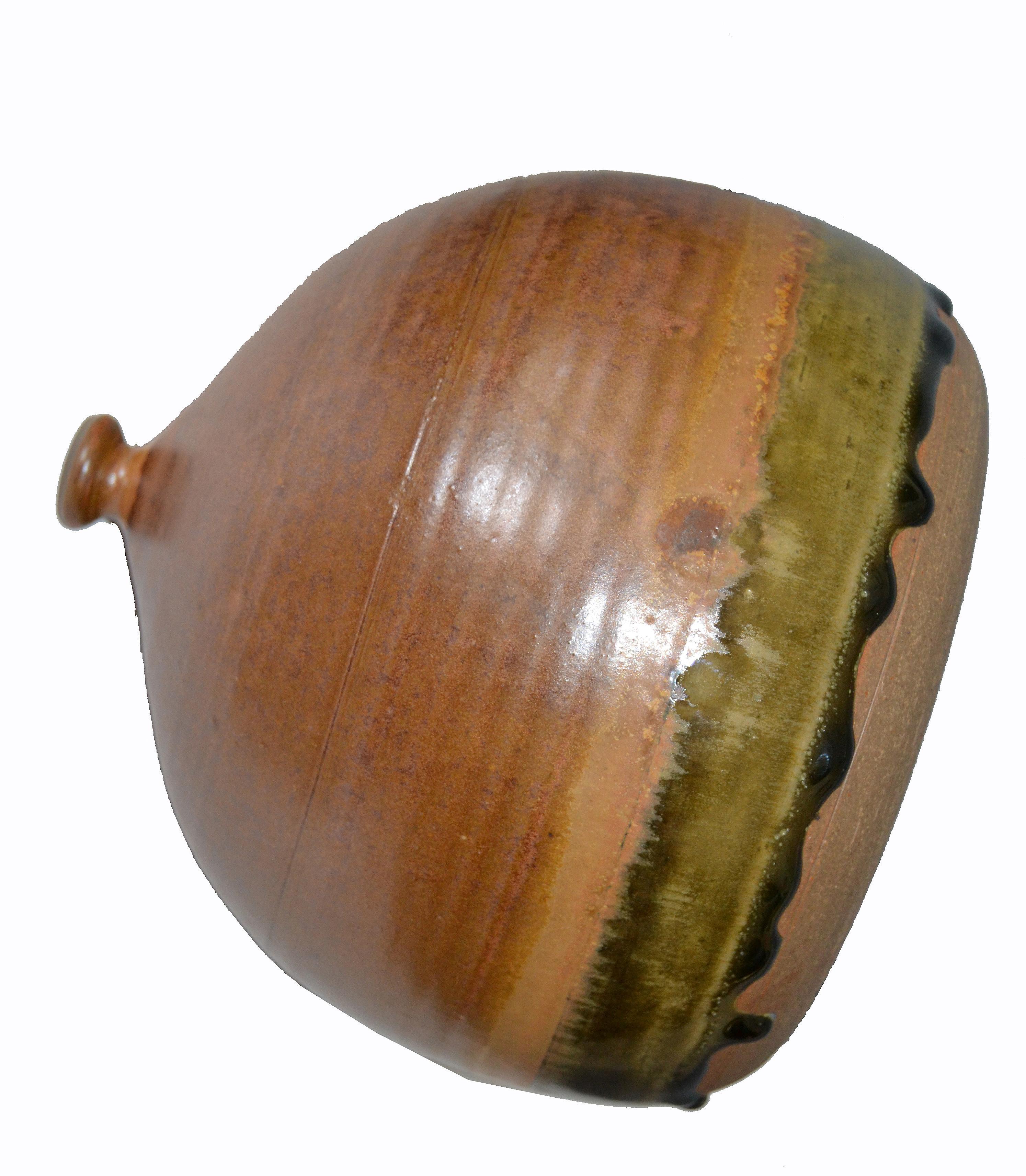 American Vintage Earthenware Handcrafted Brown Terra Studio Drip Glaze Bud, Weed Vase