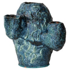 Vintage Earthenware Handcrafted Hues of Blue Drip Glaze Pottery, Planter, Vessel
