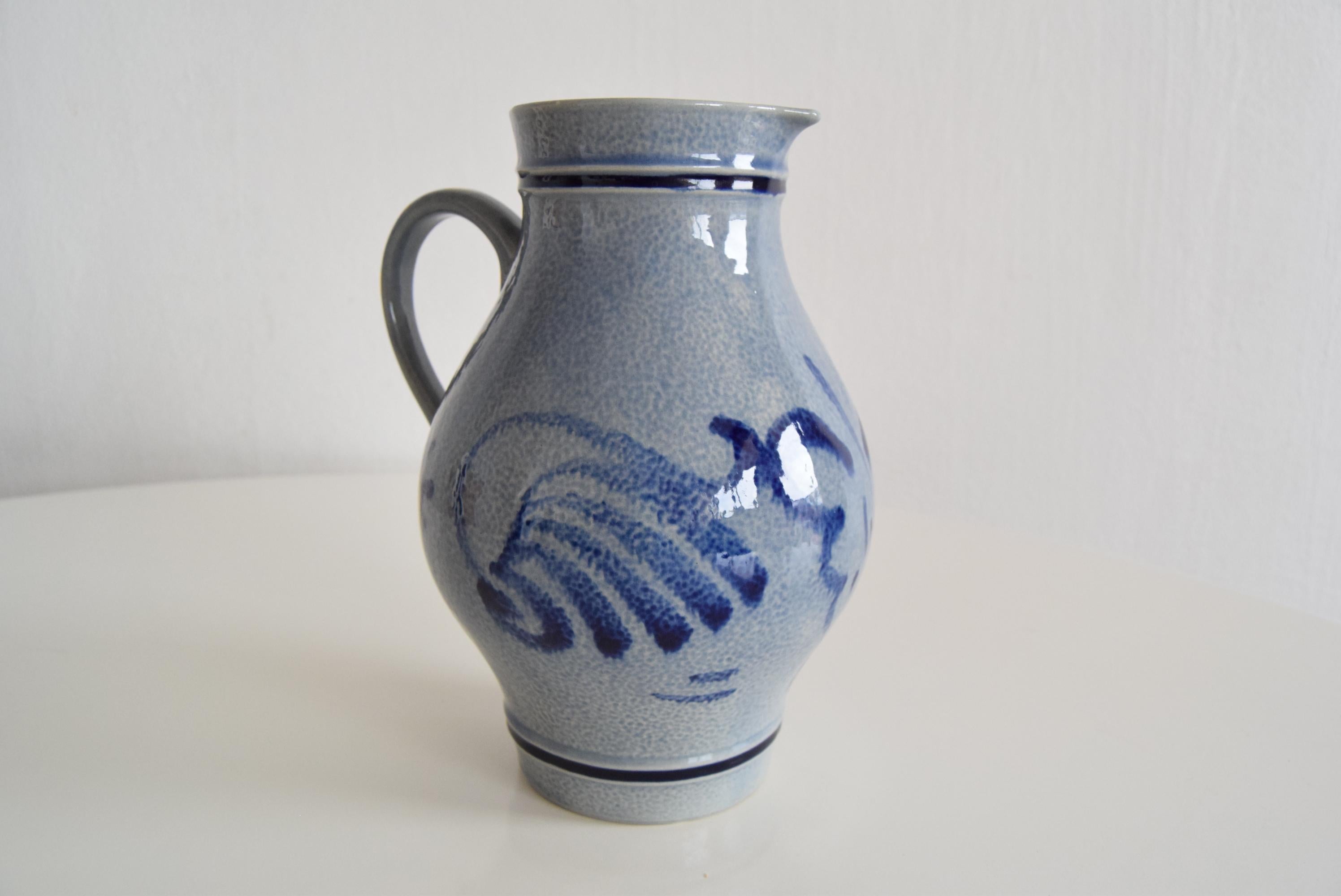 Vintage earthenware Jug with Blue Salt Glaze/Marzi & Remi, 1960's.  In Good Condition For Sale In Praha, CZ