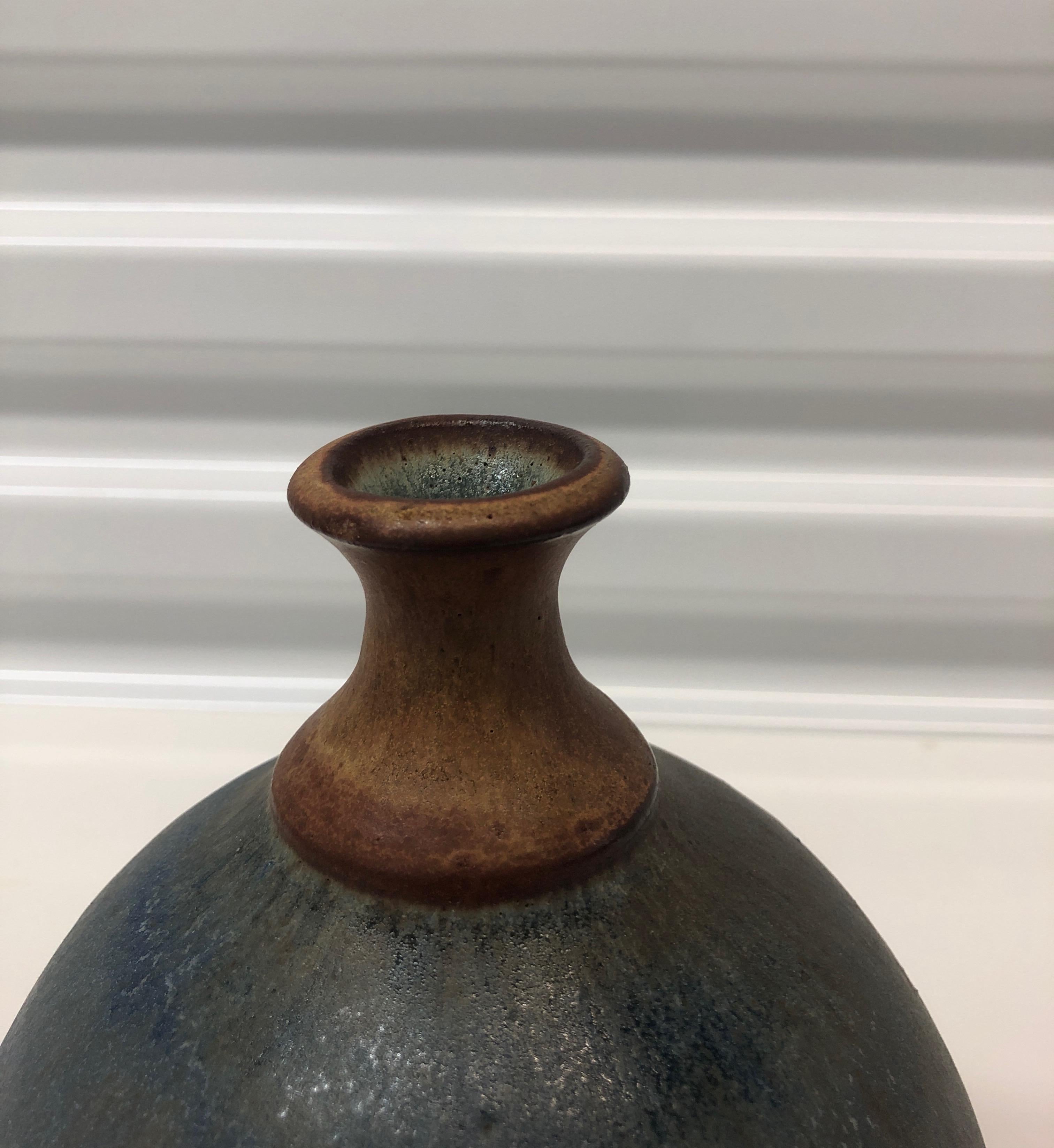 Hand-Crafted Vintage Earthenware Round Turquoise Vase